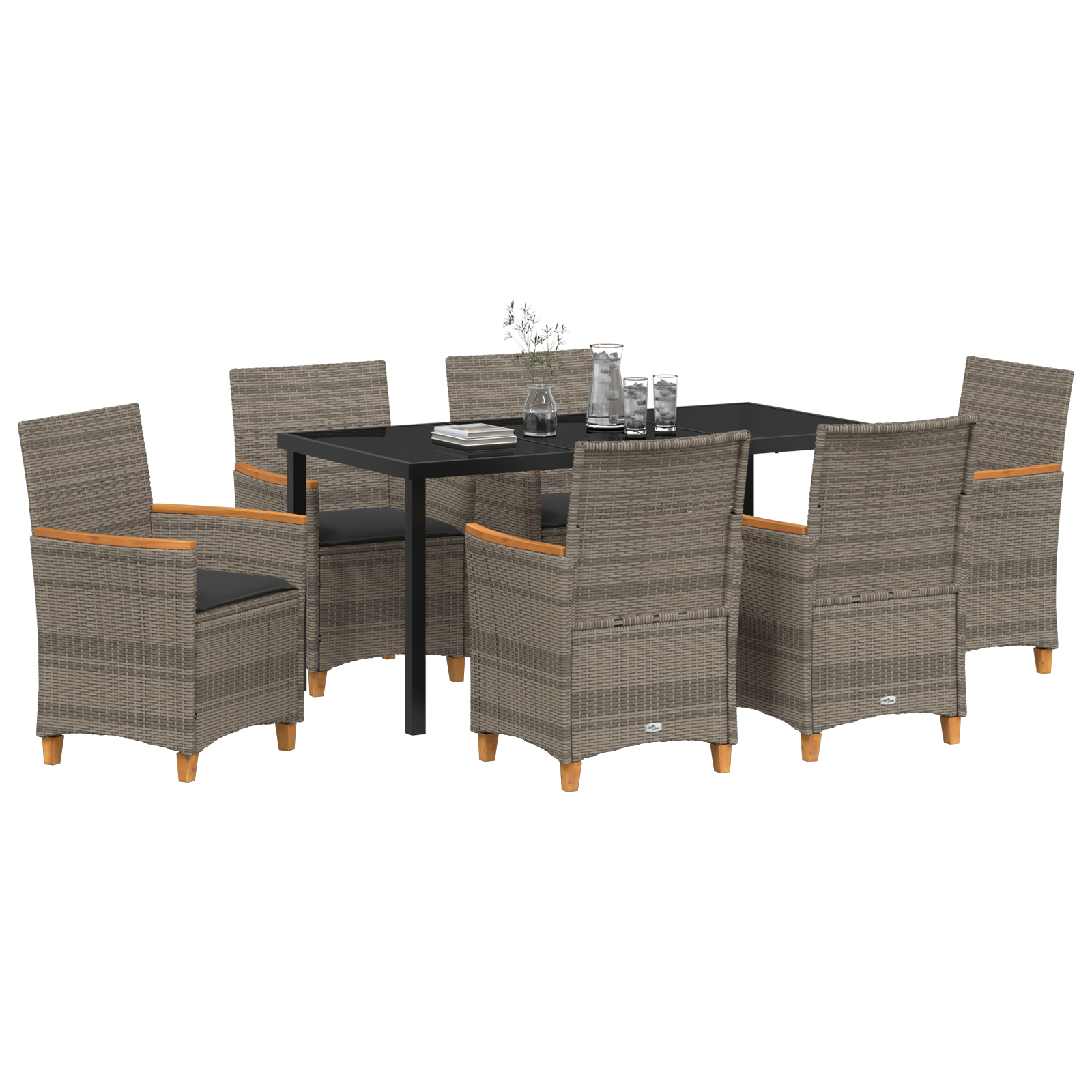 7 Piece Garden Dining Set with Cushions Grey Poly Rattan - Image 3