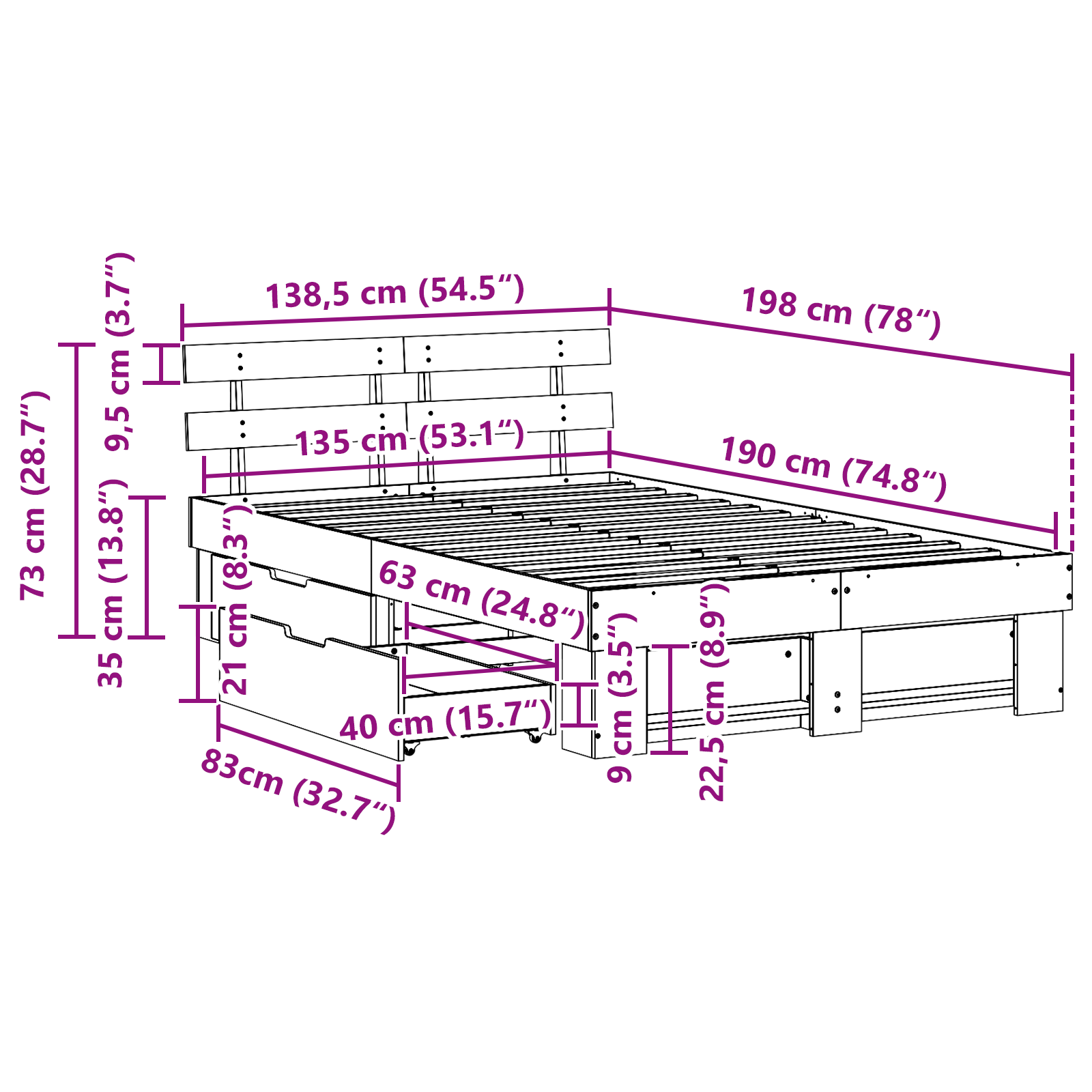 Bedframe met hoofdeinde Wit 135 x 190 cm Massief grenenhout