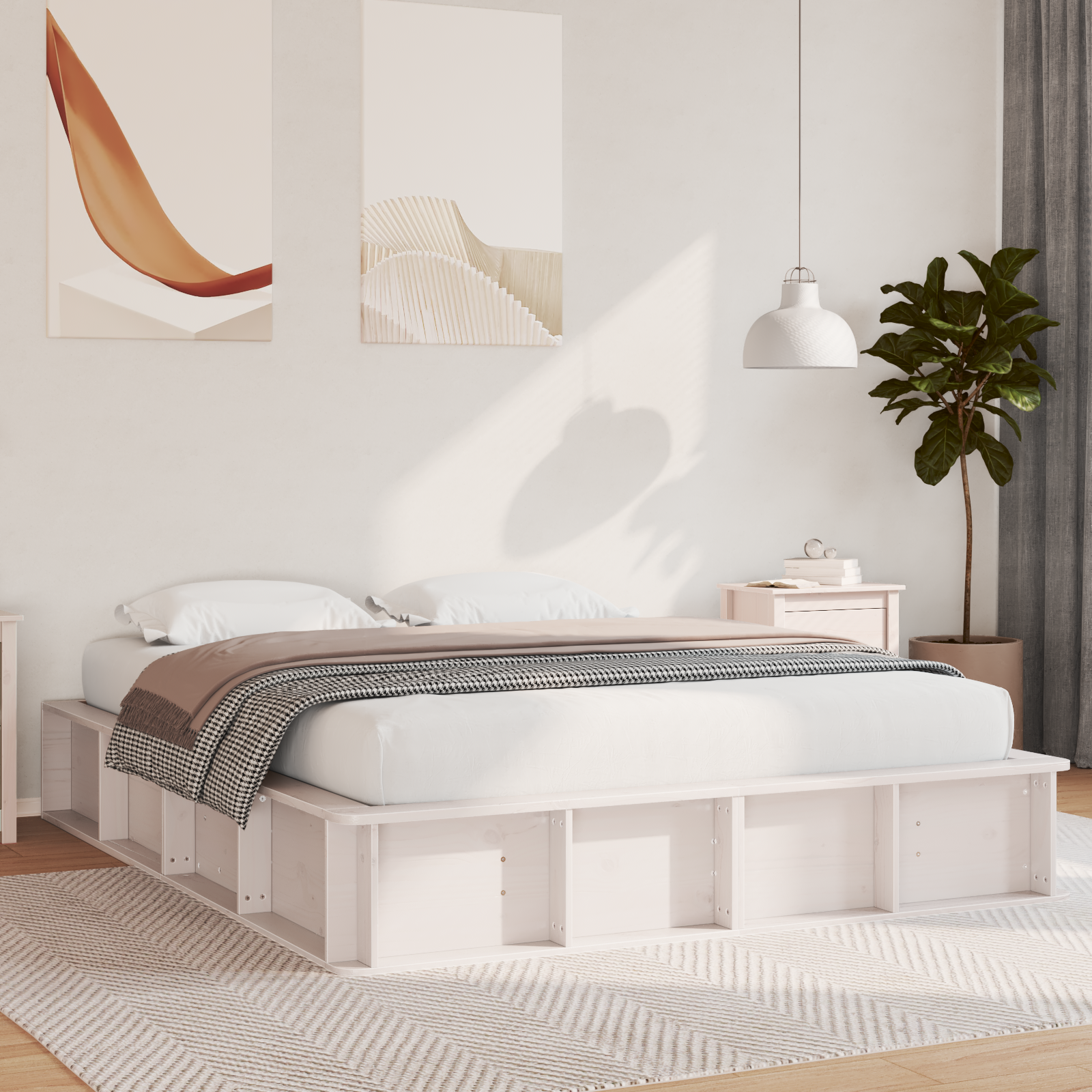 Bed Frame met Lift-Up Opslag – Wit, 150 x 200 cm, Massief Vurenhout