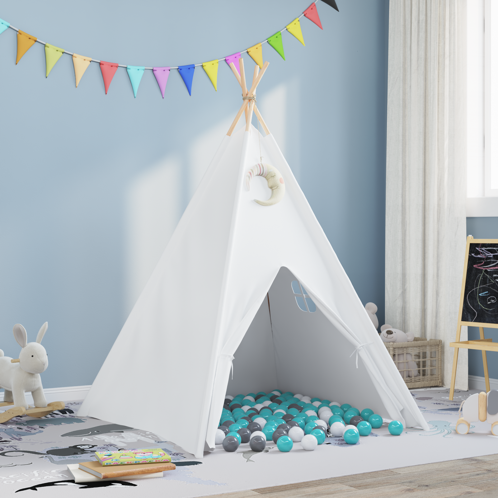 Kids Teepee Tent with Bag Peach & Playballs Skin White