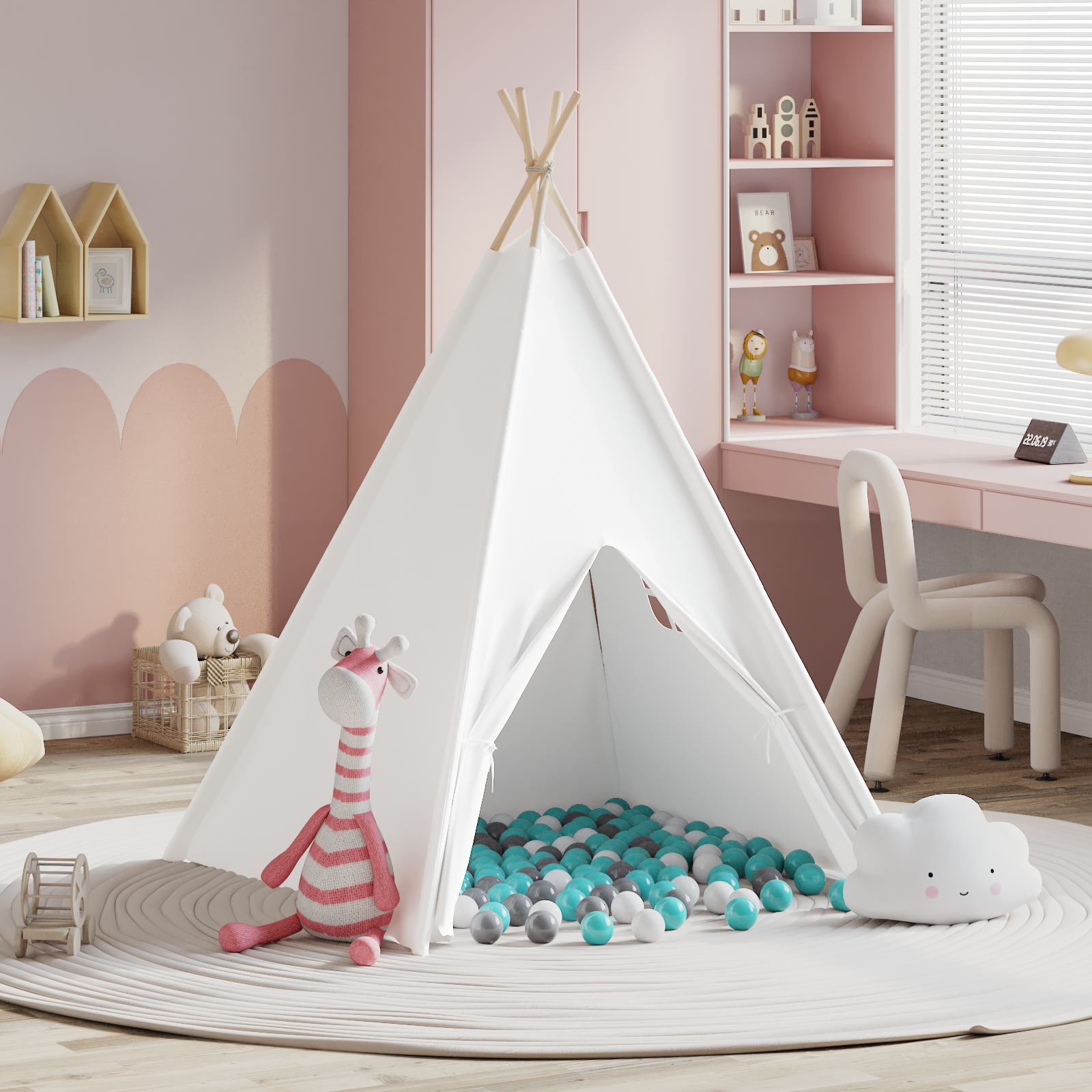 Kids Teepee Tent with Bag Peach & Playballs Skin White - Image 5