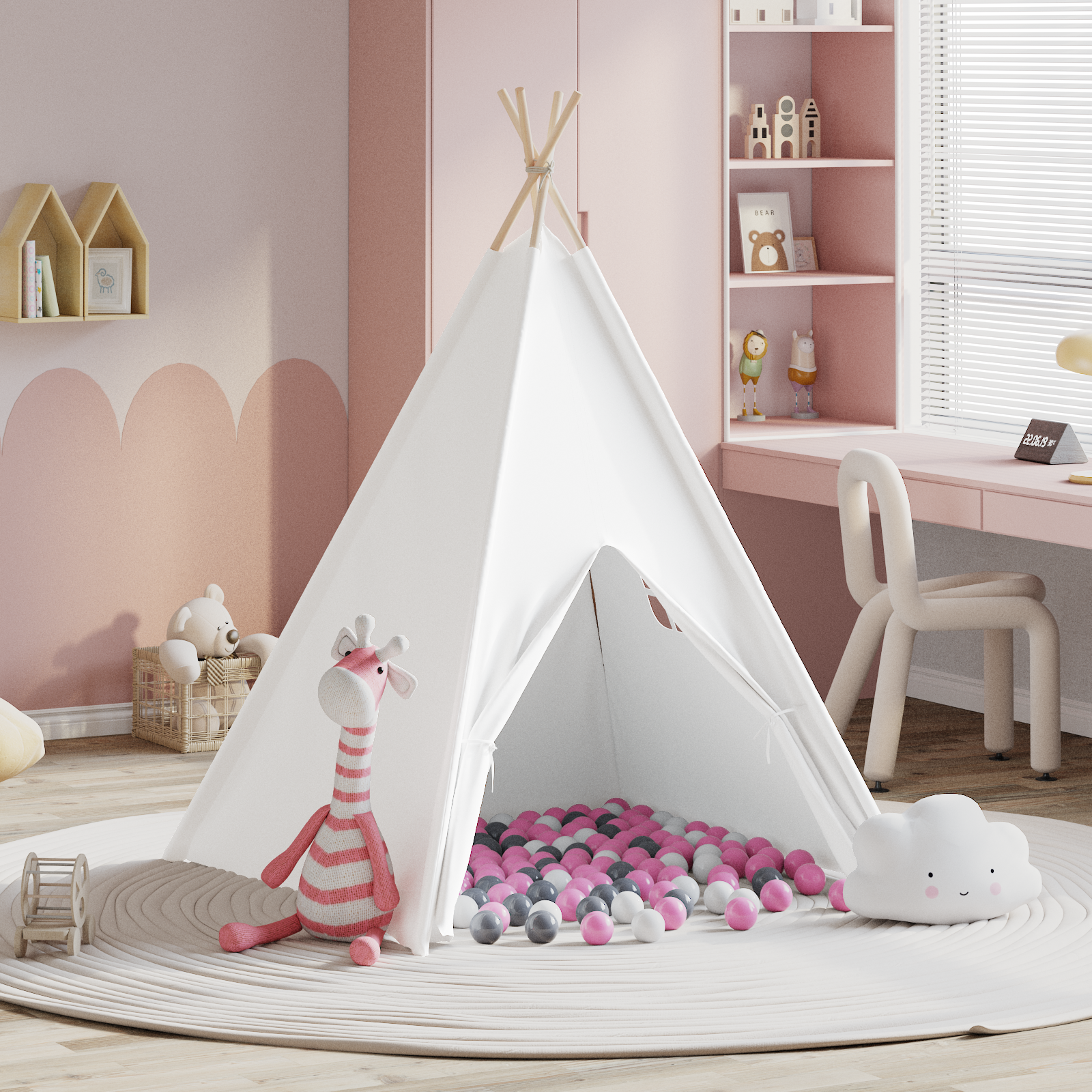 Children Teepee Tent with Bag Peach & Playballs Skin White - Image 5