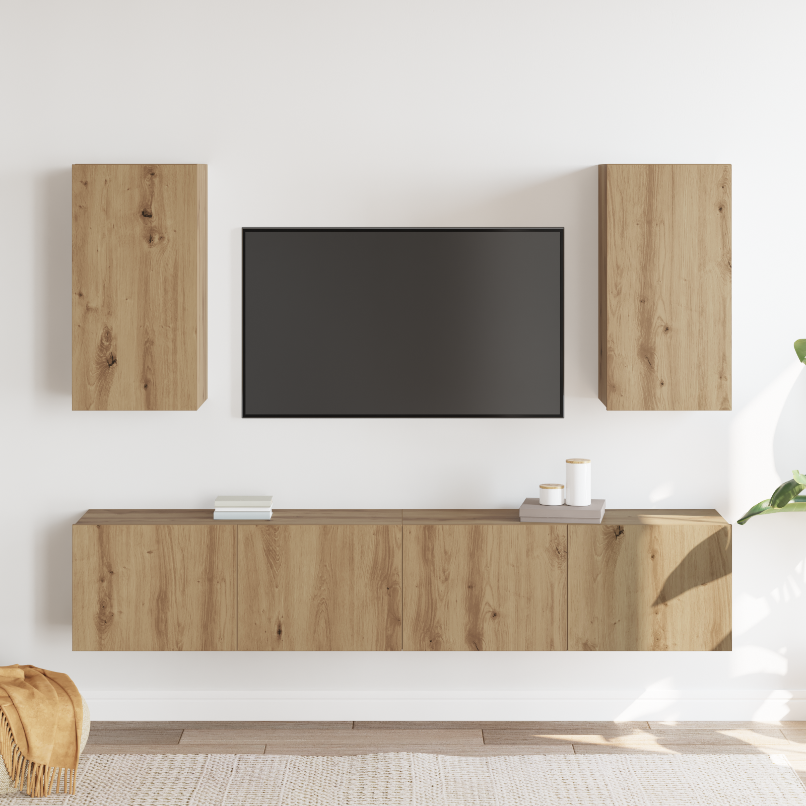 4 dalių TV spintos rinkinys su amatininkų ąžuolo apdaila, skirtas montuoti ant sienos - Image 4