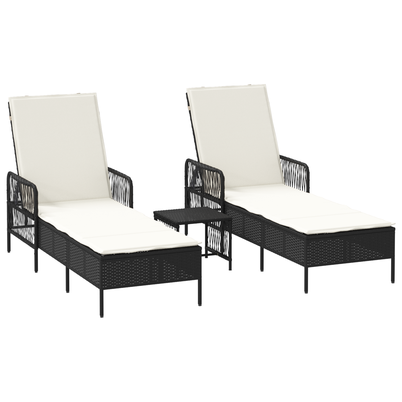 Sun Lounger Set Set of 3 Black and cream white PE rattan, metal - Image 2