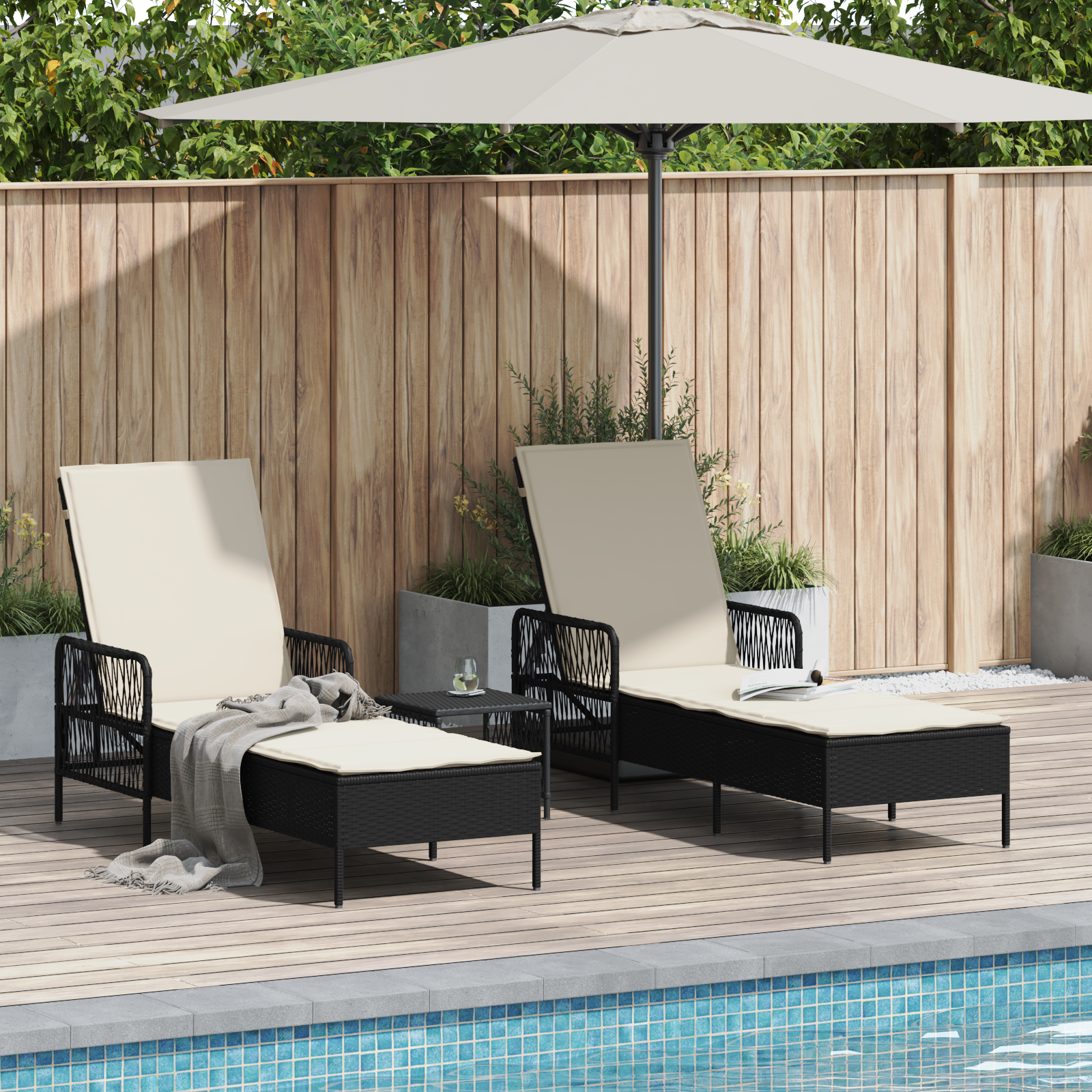 Sun Lounger Set Set of 3 Black and cream white PE rattan, metal
