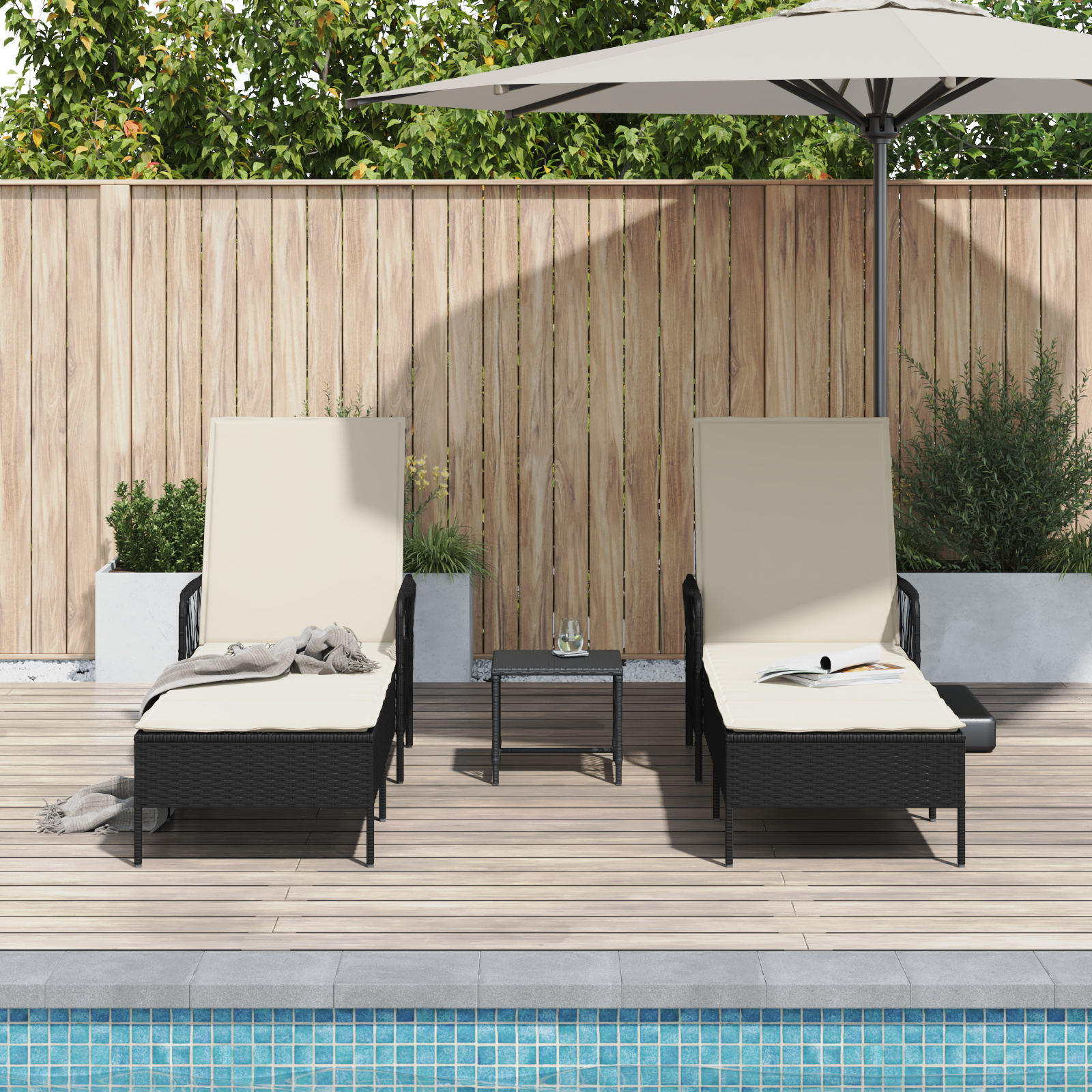 Sun Lounger Set Set of 3 Black and cream white PE rattan, metal - Image 4