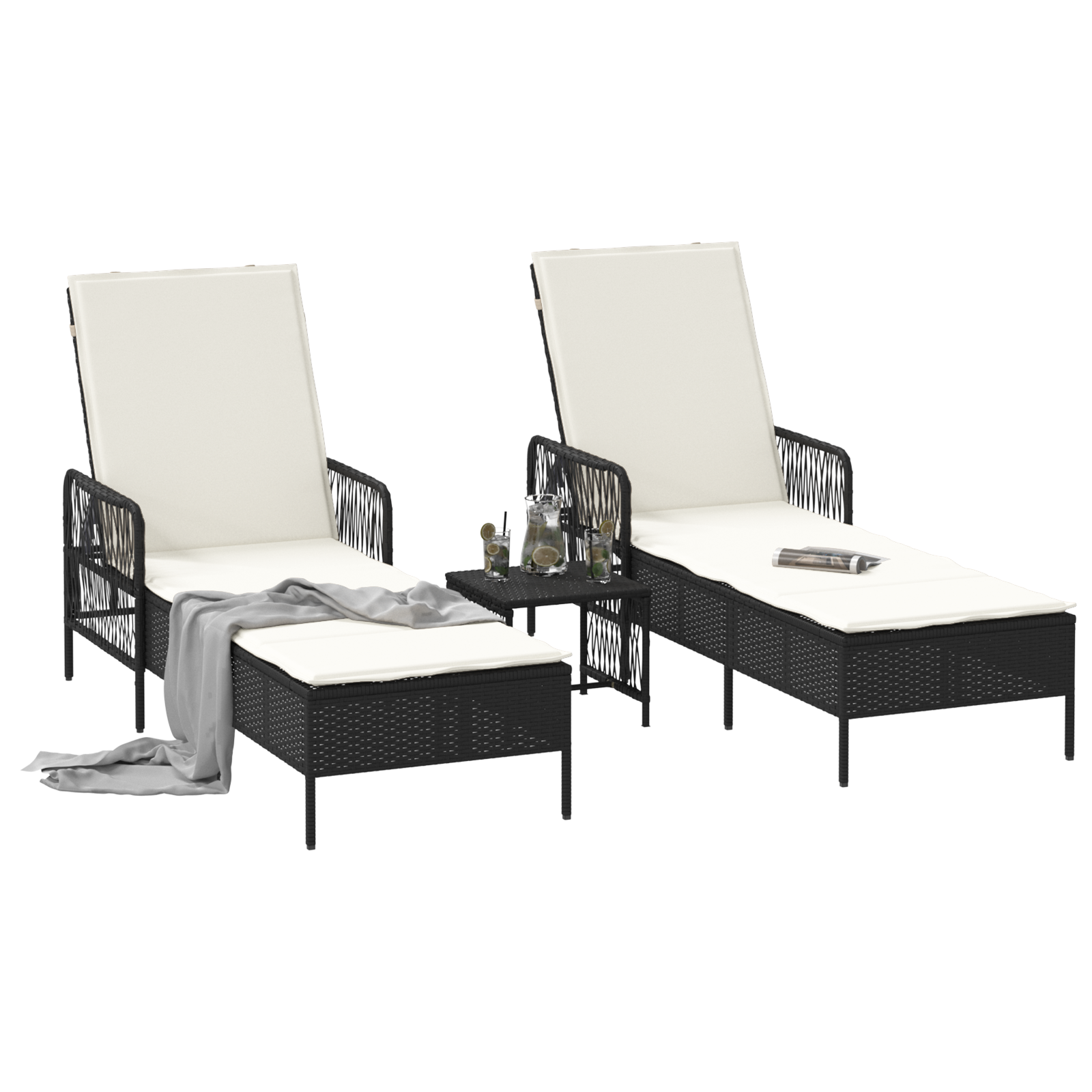 Sun Lounger Set Set of 3 Black and cream white PE rattan, metal - Image 3