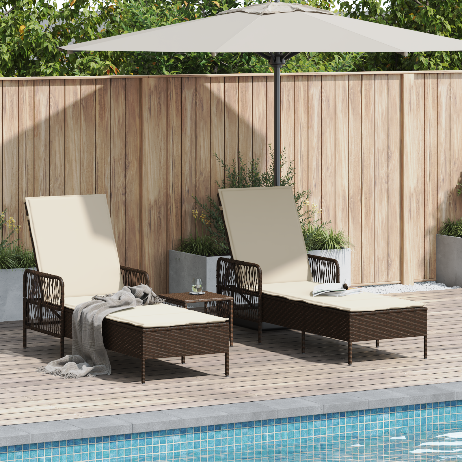 Sonnenliege Set 3-teilig Braun und cremeweiß PE Rattan, Metall - Your Garden Eden