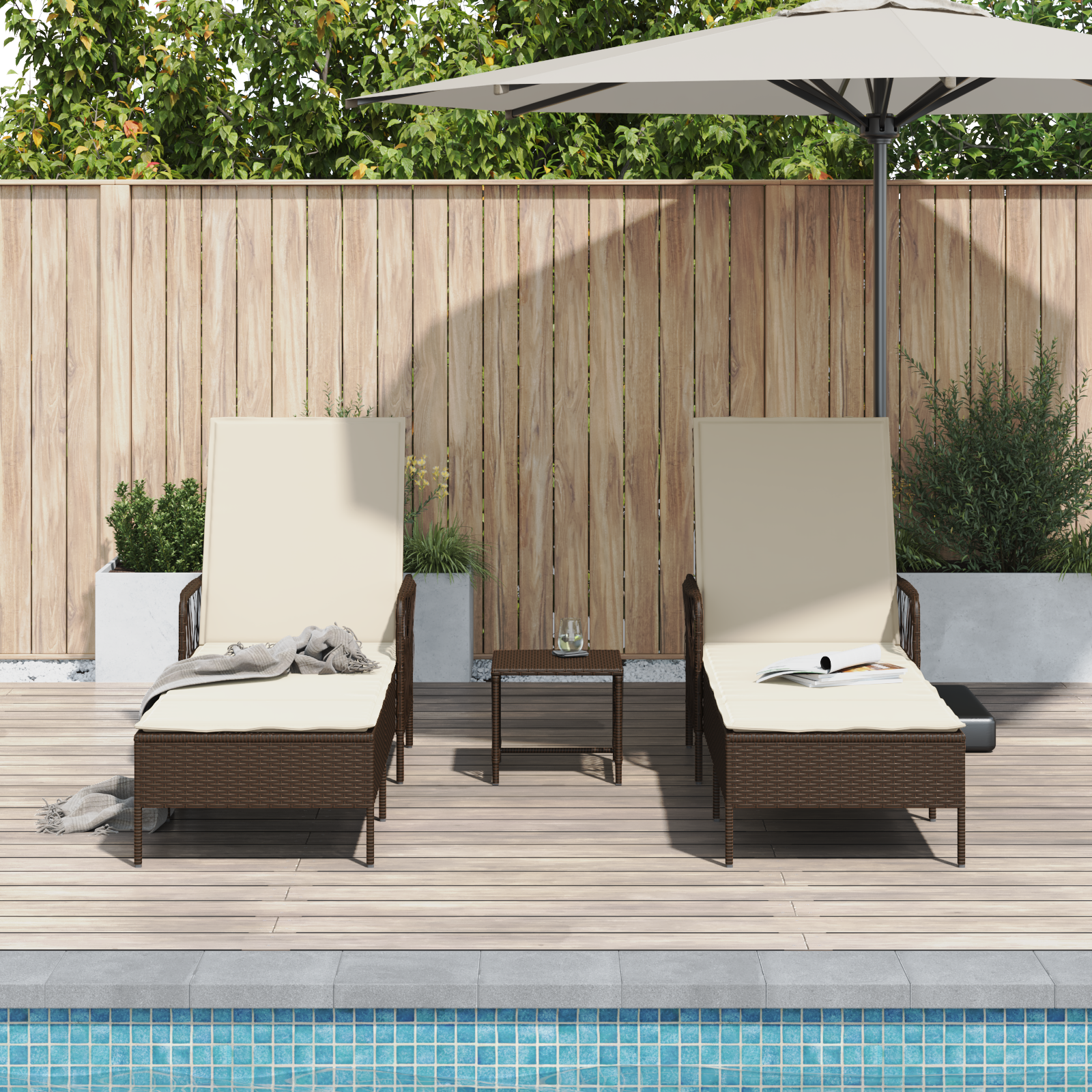 Sonnenliege Set 3-teilig Braun und cremeweiß PE Rattan, Metall - Gartenmöbel - Your Garden Eden