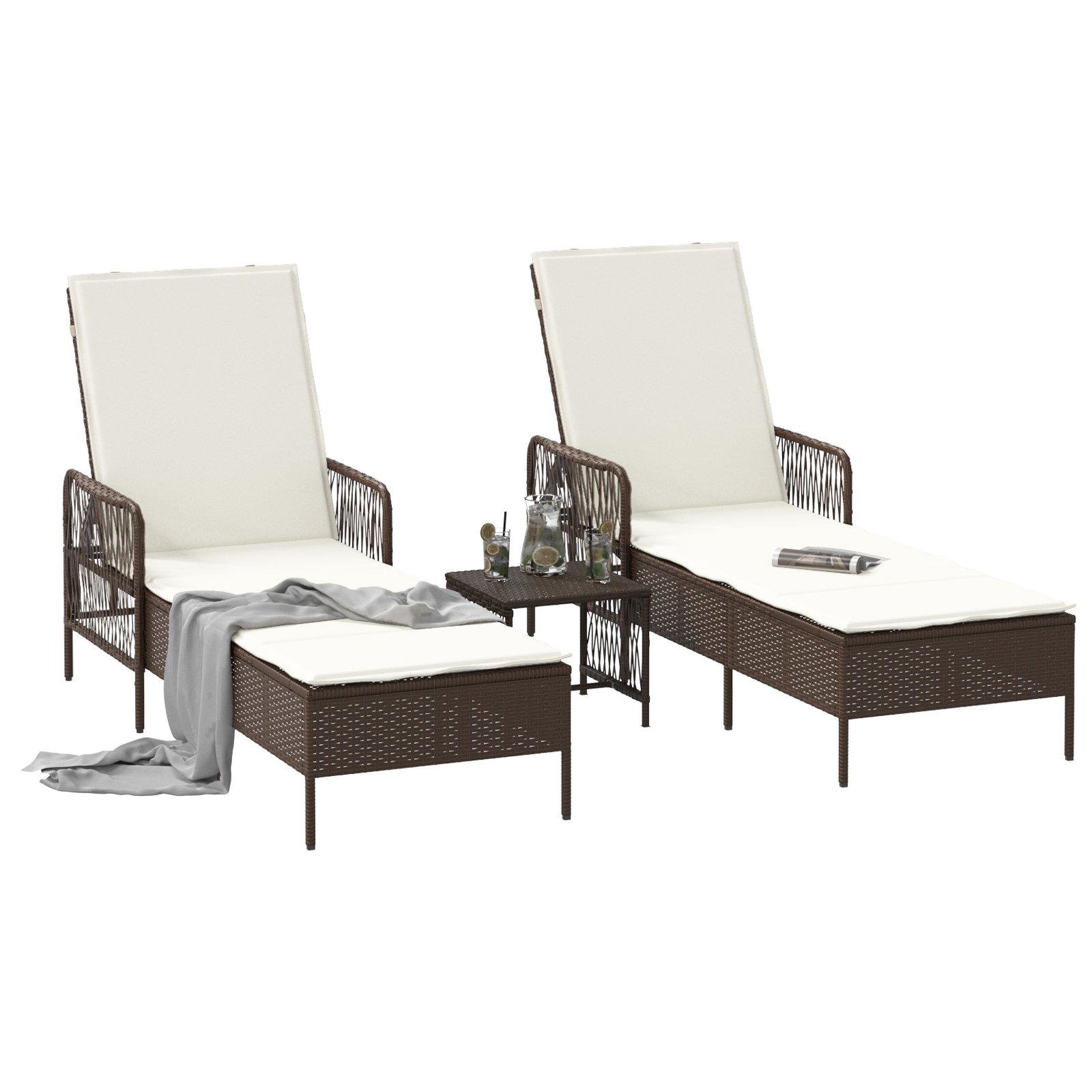 Sonnenliege Set 3-teilig Braun und cremeweiß PE Rattan, Metall - Gartenmöbel - Your Garden Eden