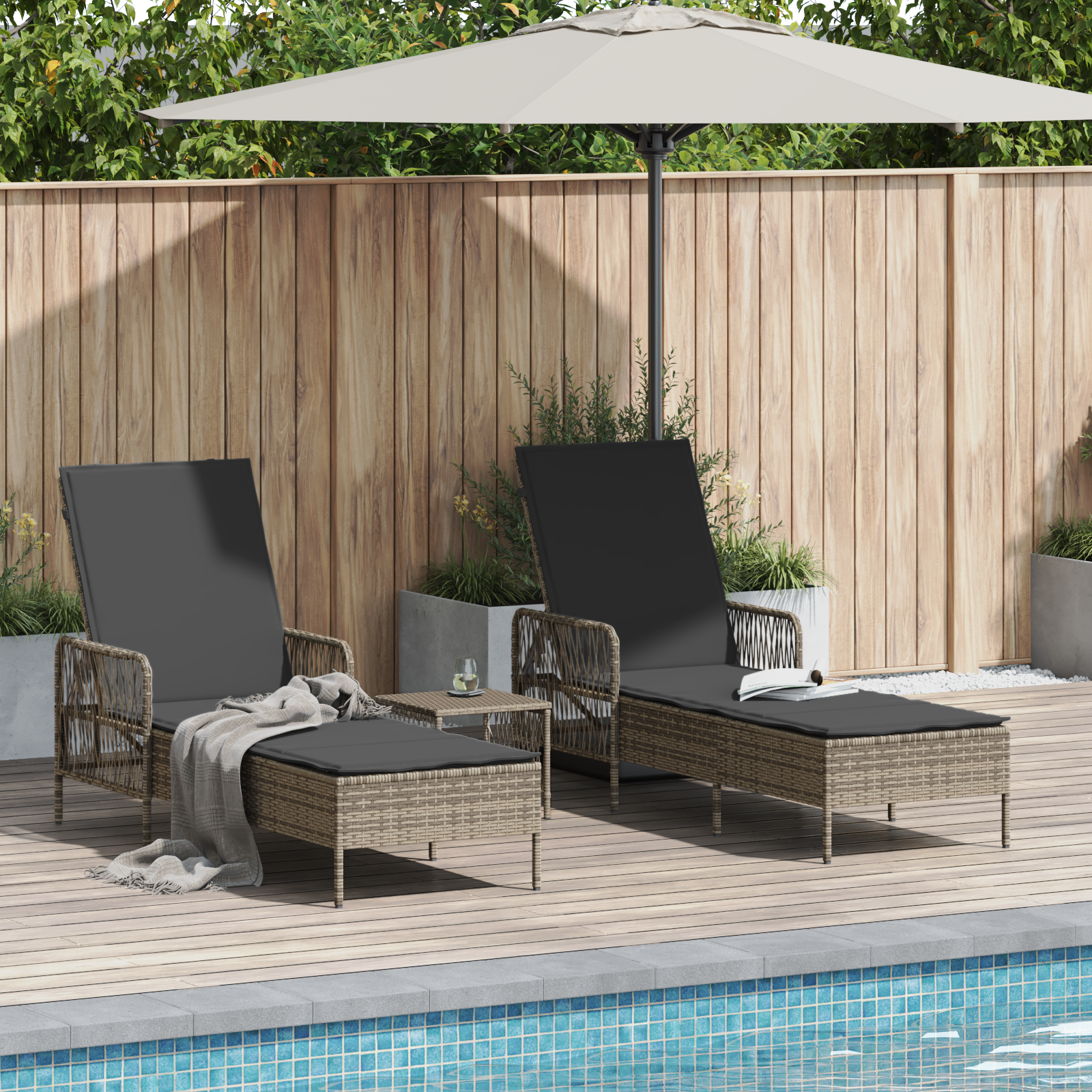 Sonnenliege Set Set aus 3 Grau und Dunkelgrau PE Rattan - Your Garden Eden