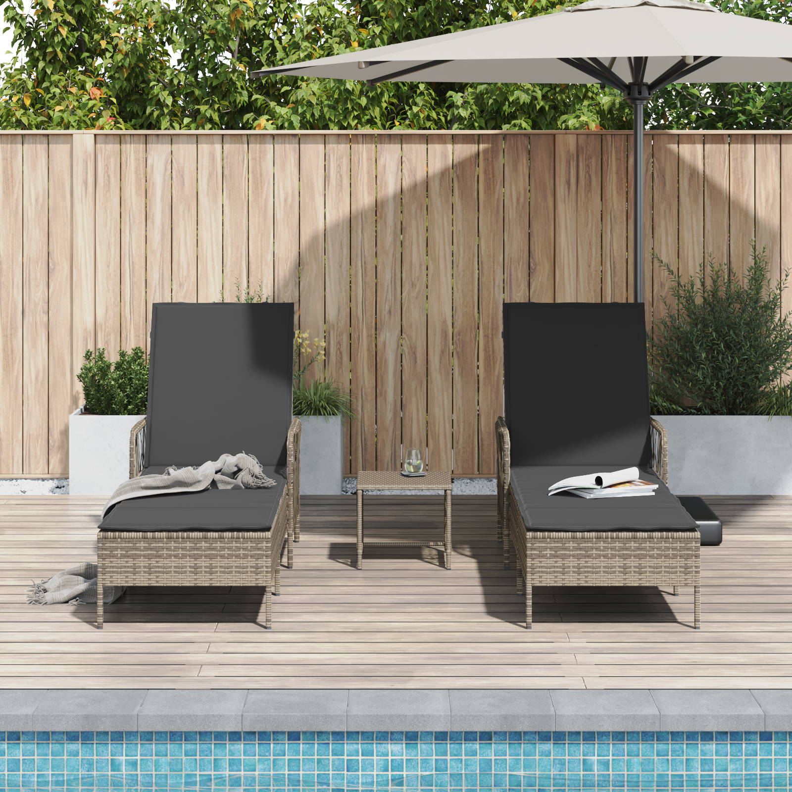 Sonnenliege Set Set aus 3 Grau und Dunkelgrau PE Rattan - Gartenmöbel - Your Garden Eden