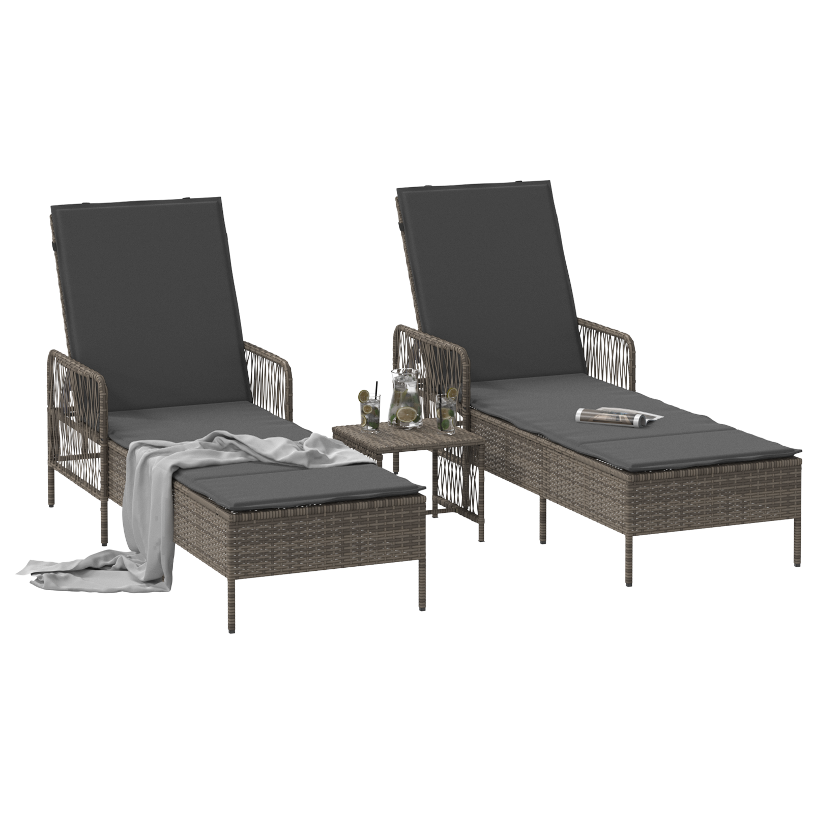 Sonnenliege Set Set aus 3 Grau und Dunkelgrau PE Rattan - Gartenmöbel - Your Garden Eden