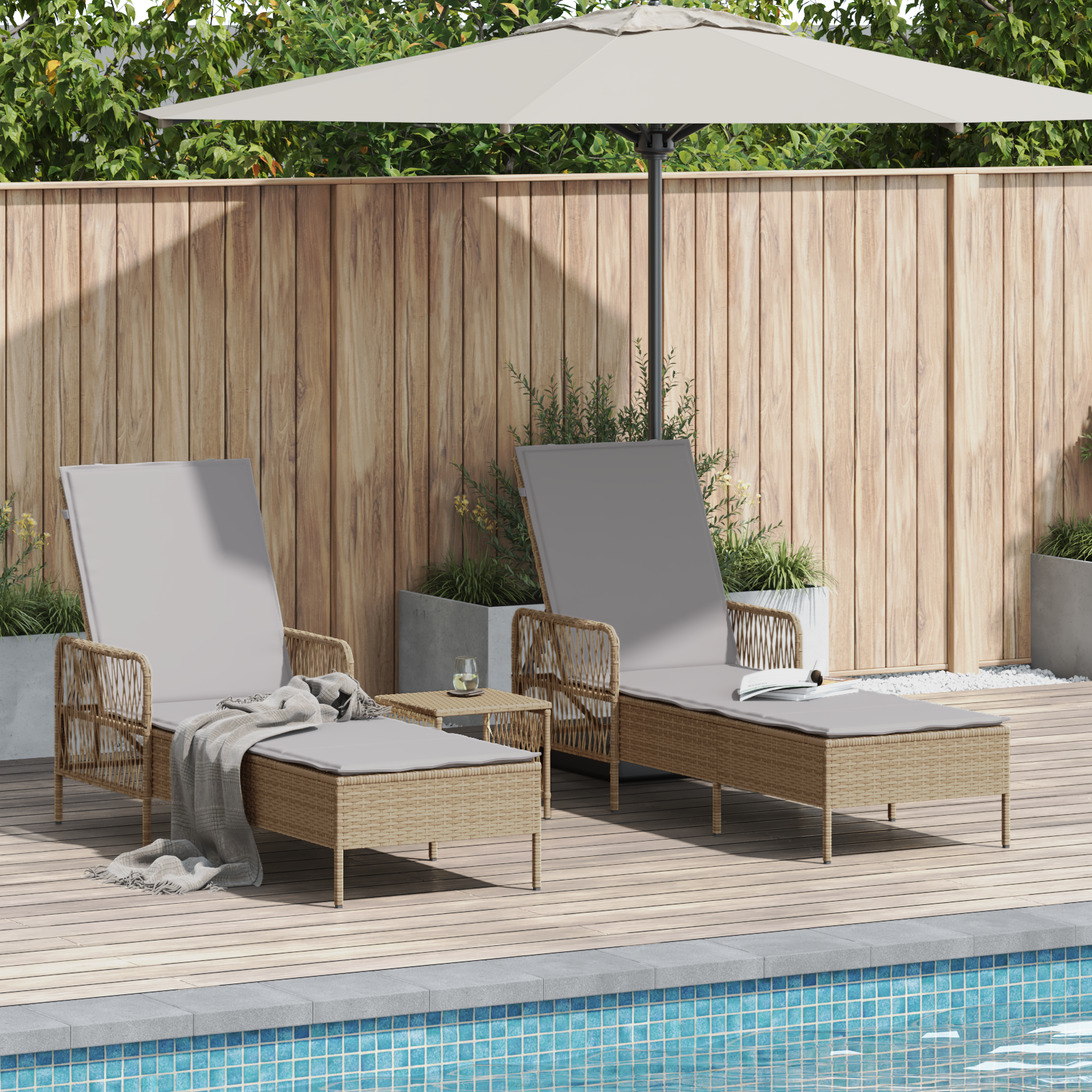 Sun Lounger Set Set of 3 Beige PE rattan, metal Foldable