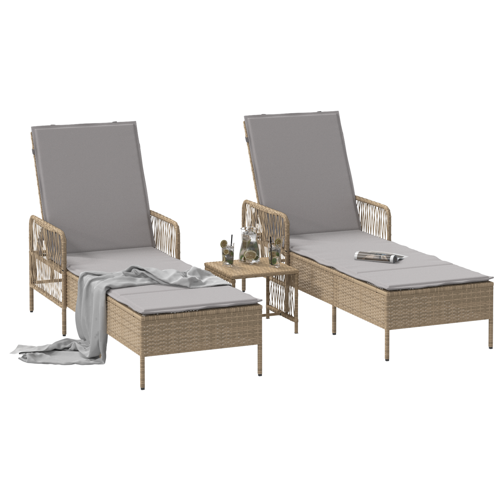 Sun Lounger Set Set of 3 Beige PE rattan, metal Foldable - Image 3