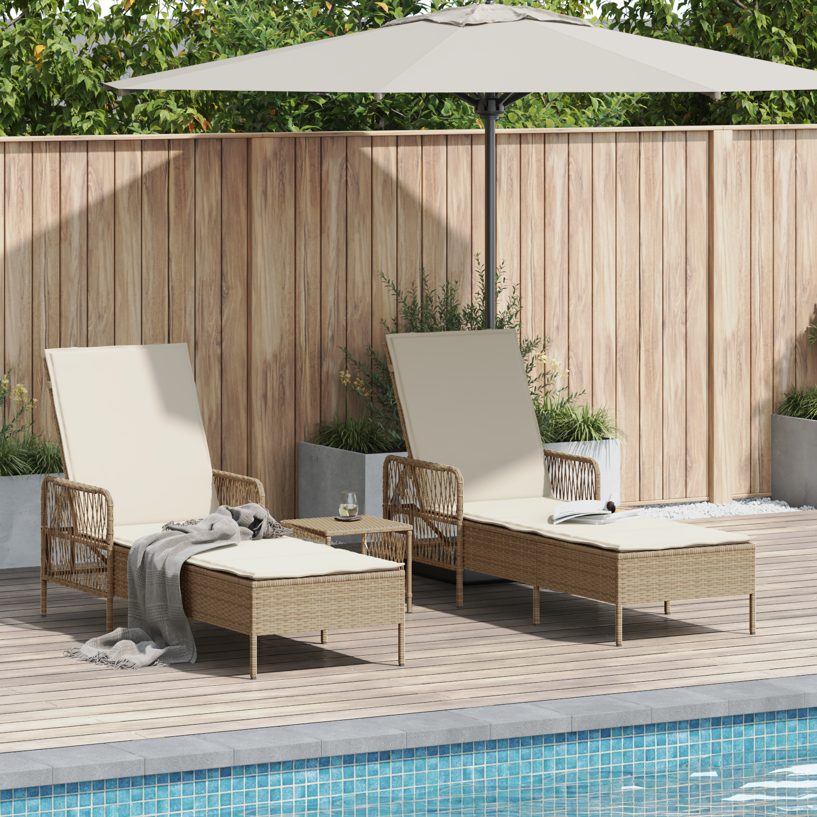 Sun Lounger Set Set of 3 Beige and Cream White PE rattan, metal