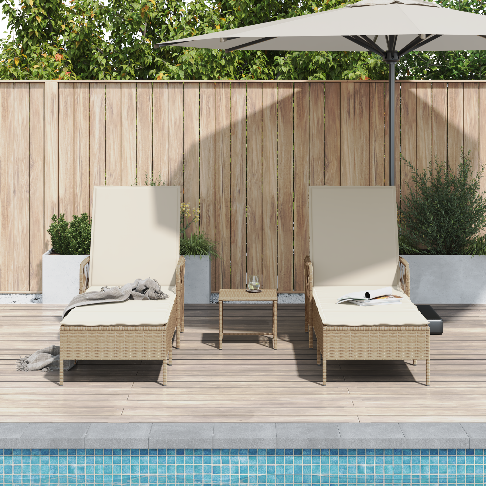 Sun Lounger Set Set of 3 Beige and Cream White PE rattan, metal - Image 4