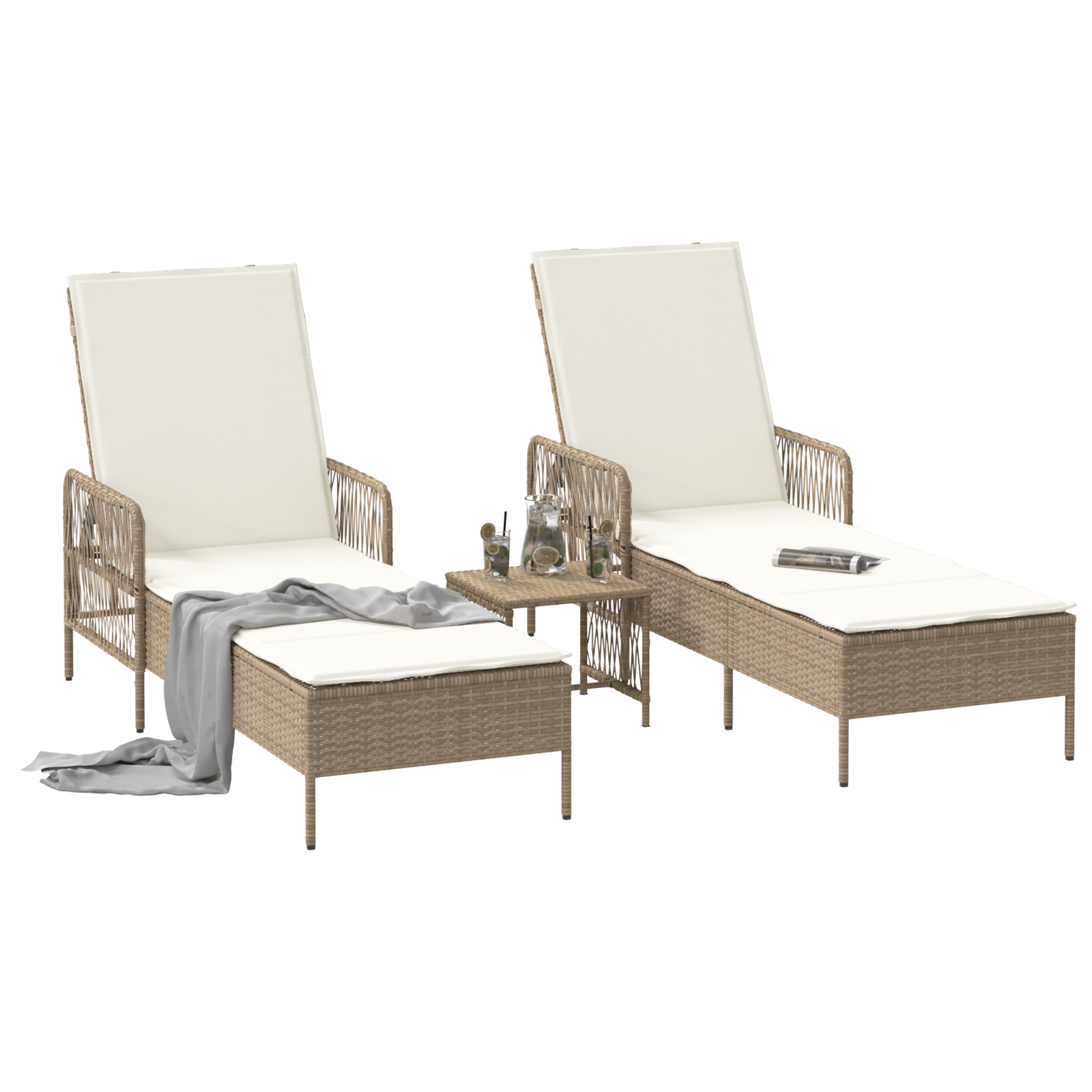 Sun Lounger Set Set of 3 Beige and Cream White PE rattan, metal - Image 3