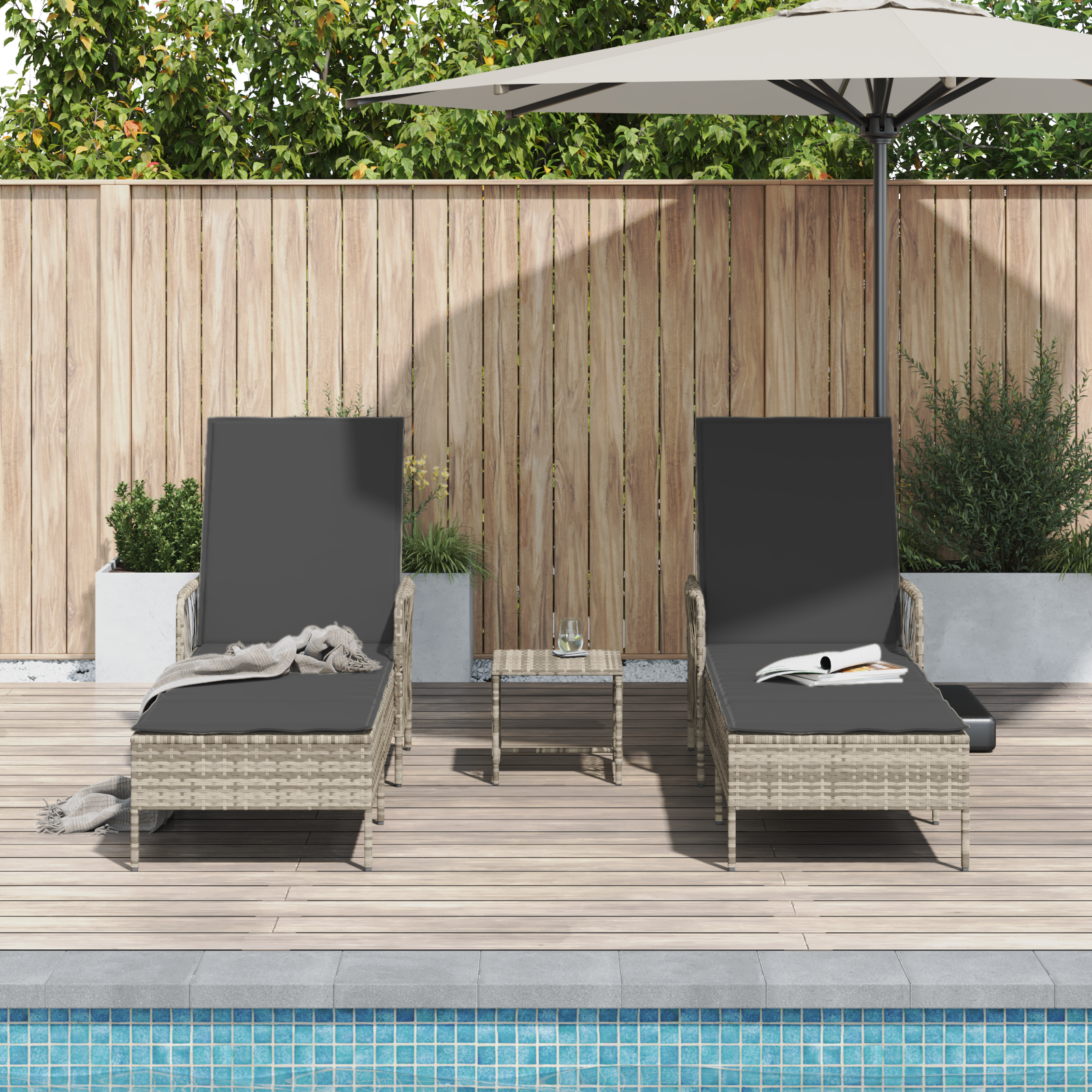 Sun Lounger Set of 3 Light grey and dark grey PE rattan, metal - Image 4