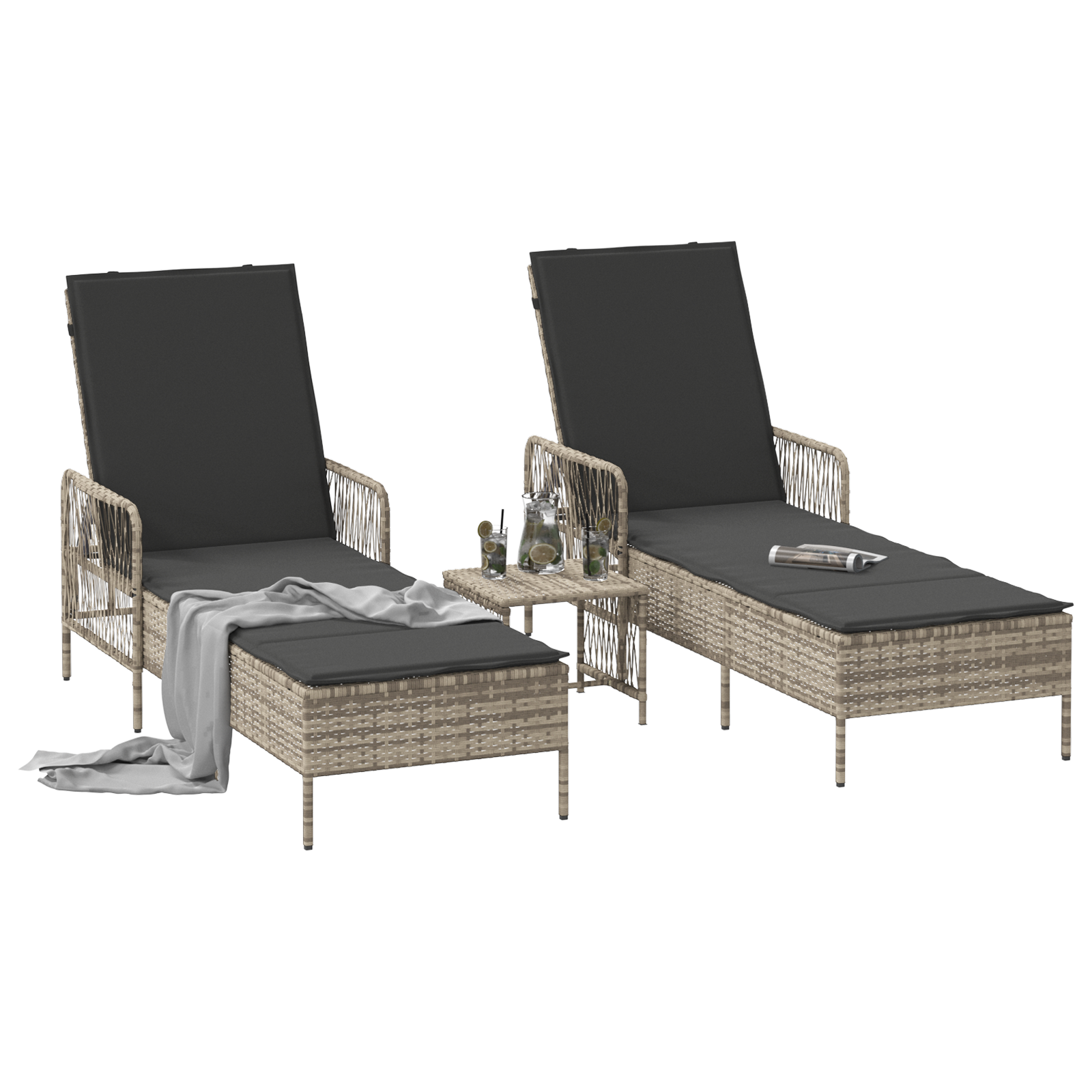Sun Lounger Set of 3 Light grey and dark grey PE rattan, metal - Image 3