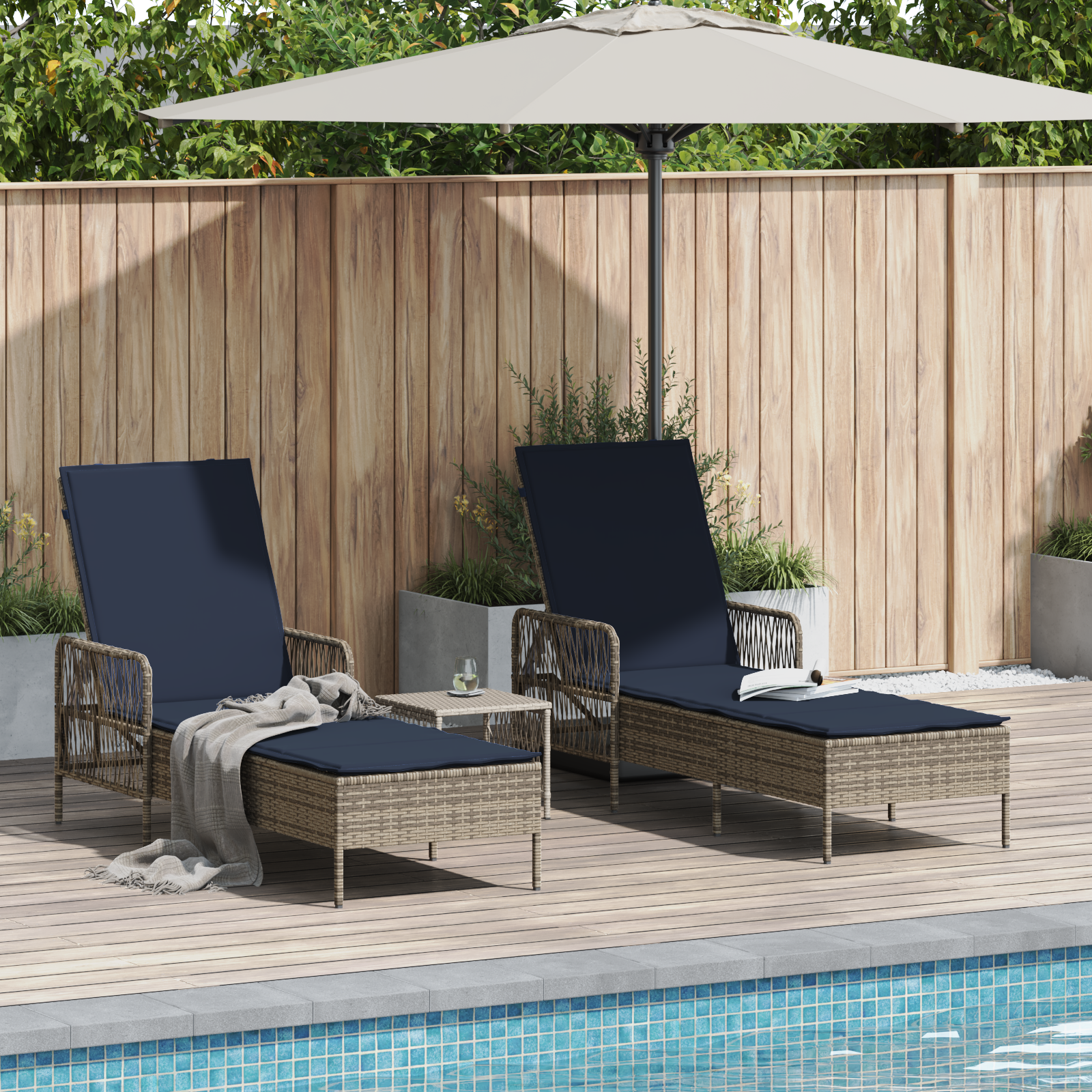 Sun Lounger Set of 3 Grey and navy blue PE rattan, metal Foldable