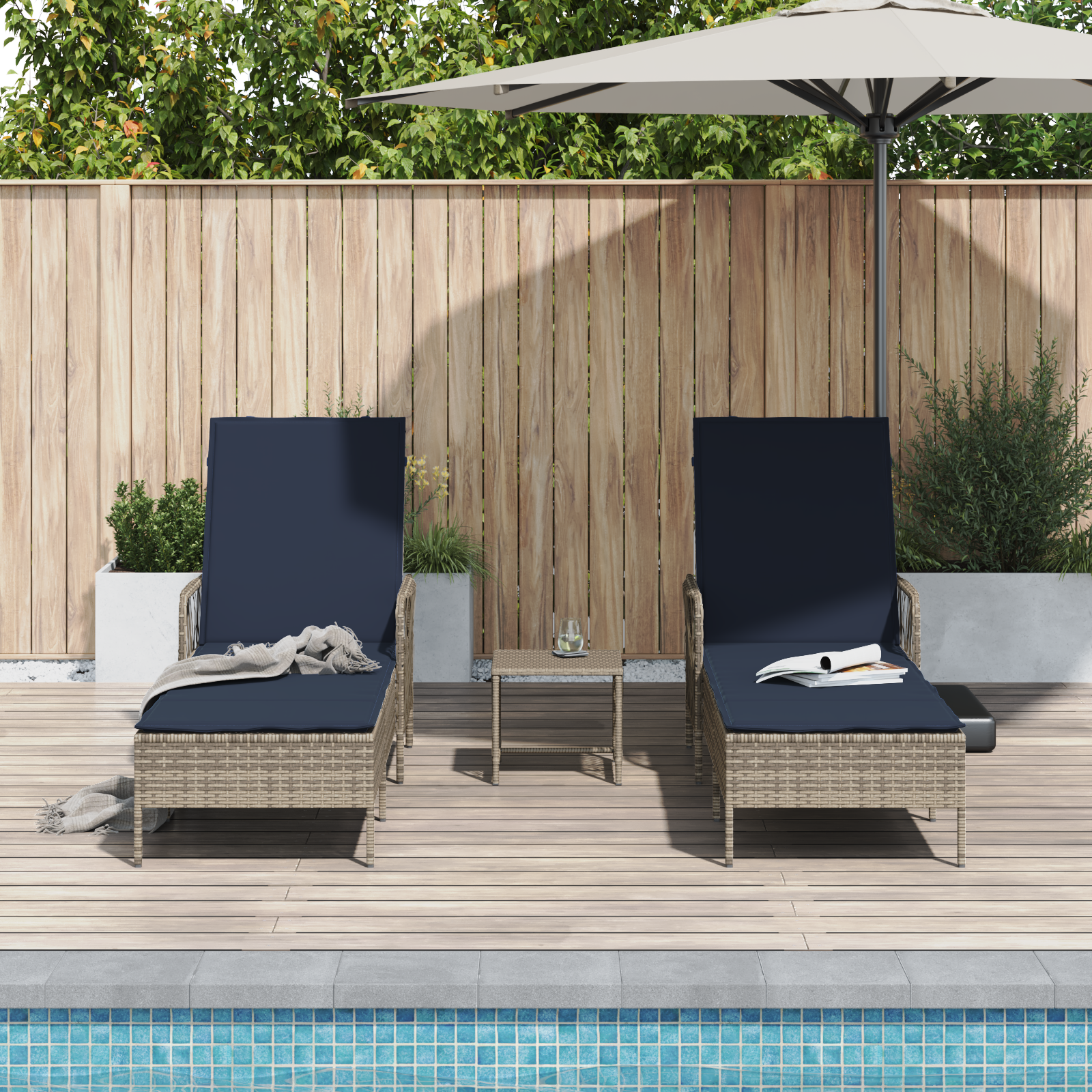 Sun Lounger Set of 3 Grey and navy blue PE rattan, metal Foldable - Image 4