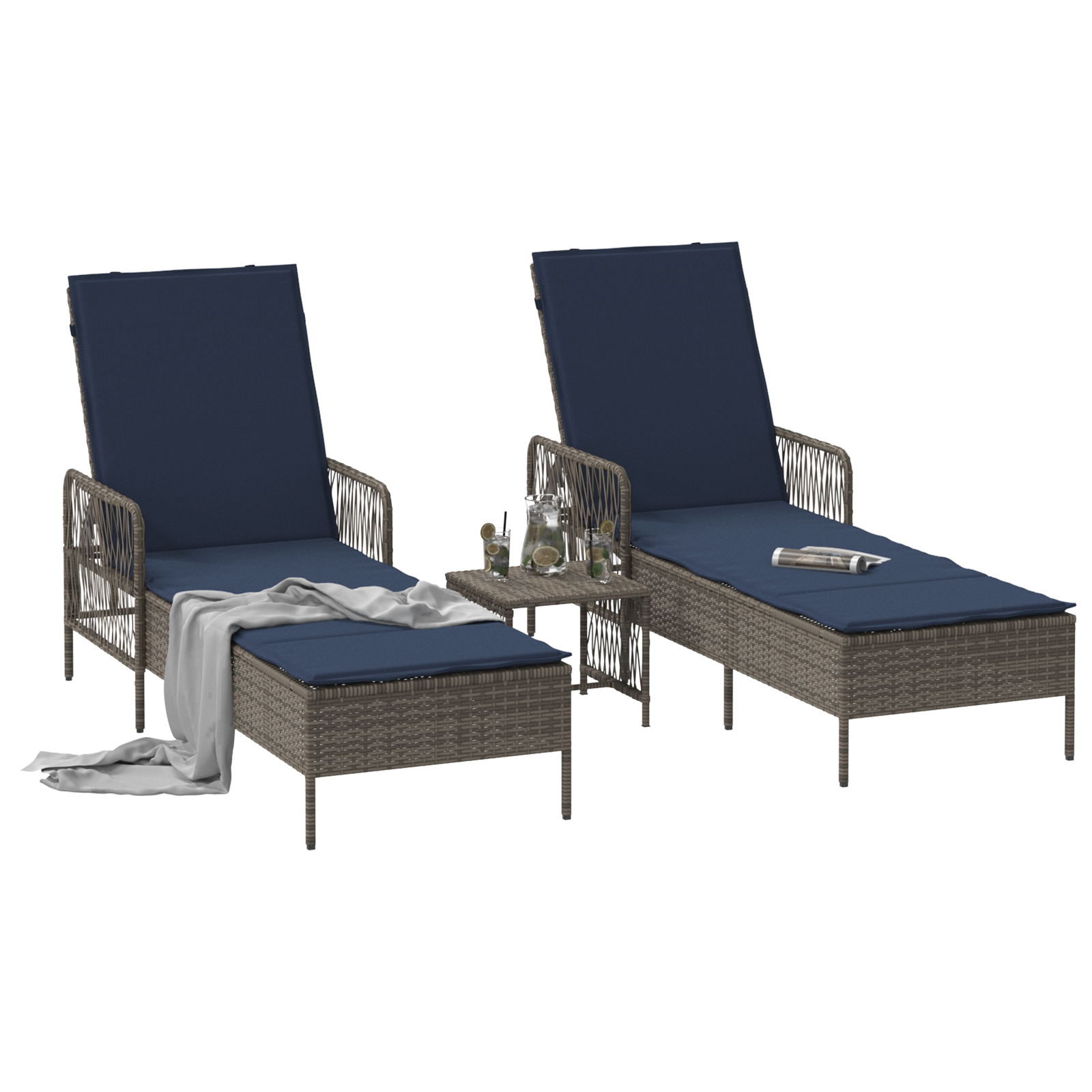 Sun Lounger Set of 3 Grey and navy blue PE rattan, metal Foldable - Image 3