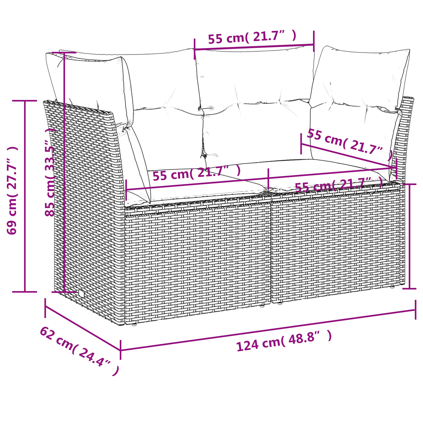 | Vrtni kavč | z blazino Siva 124 x 62 x 69 cm poli ratan - slika 9