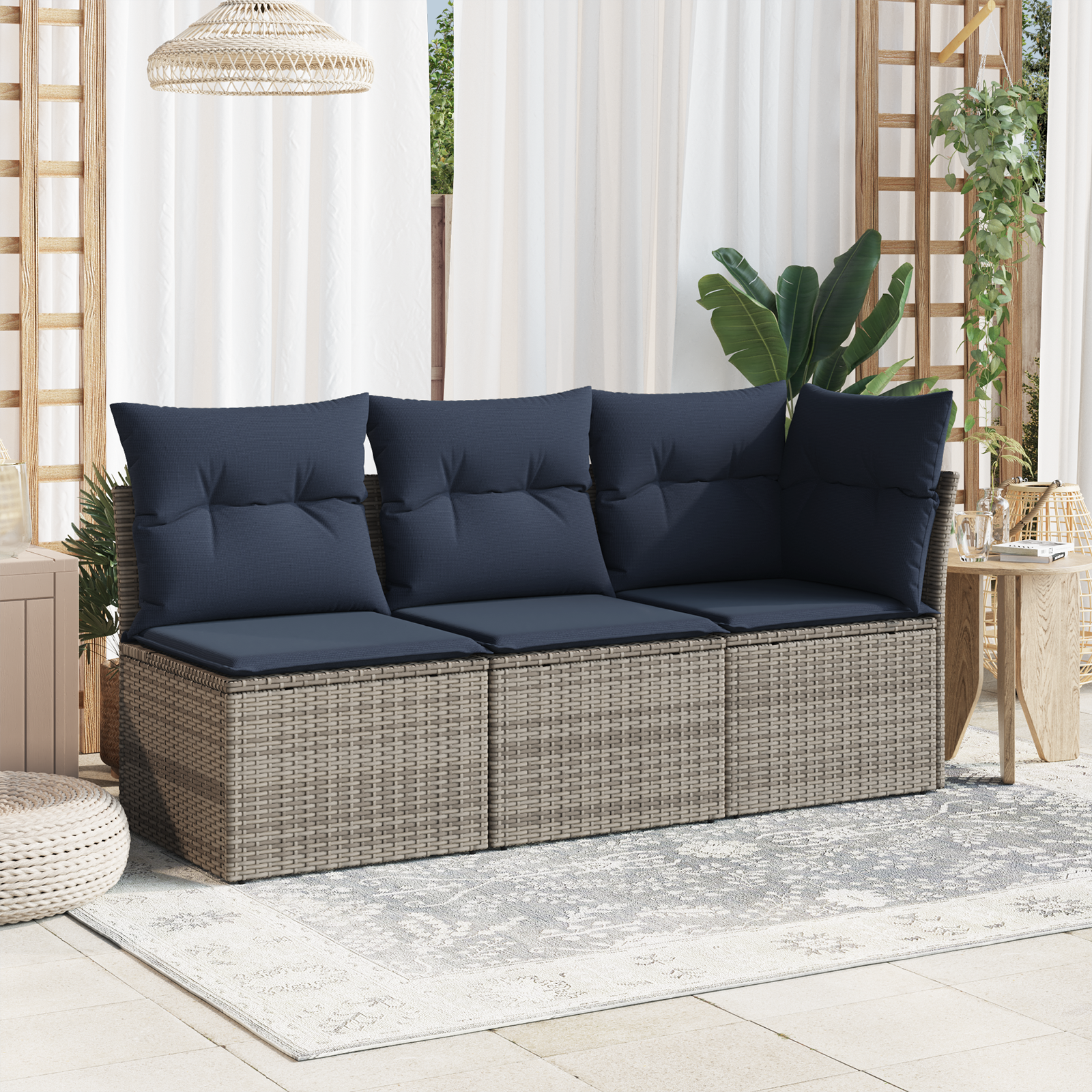 Garden Sofa Navy Blue Rattan, Polyester Medium Seats 2