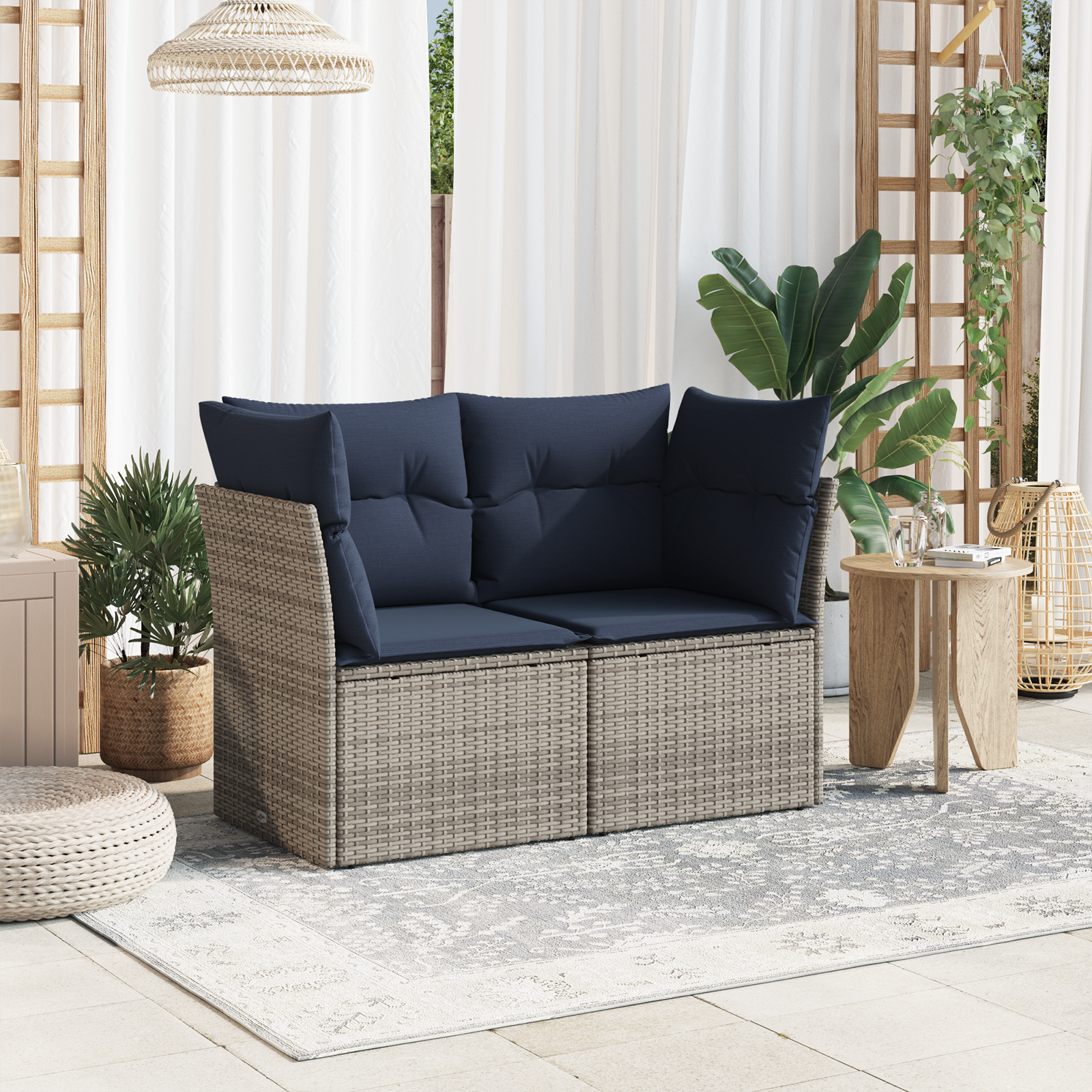 Garden Sofa Beige, Navy Blue Wicker, Polyester Standard