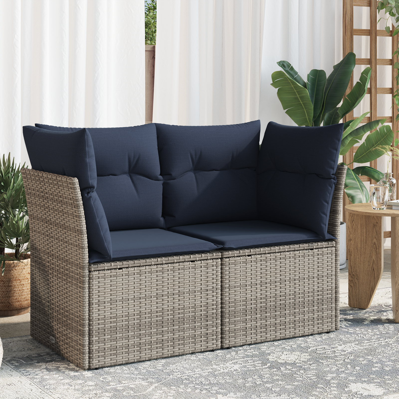 Garden Sofa Beige, Navy Blue Wicker, Polyester Standard - Image 3