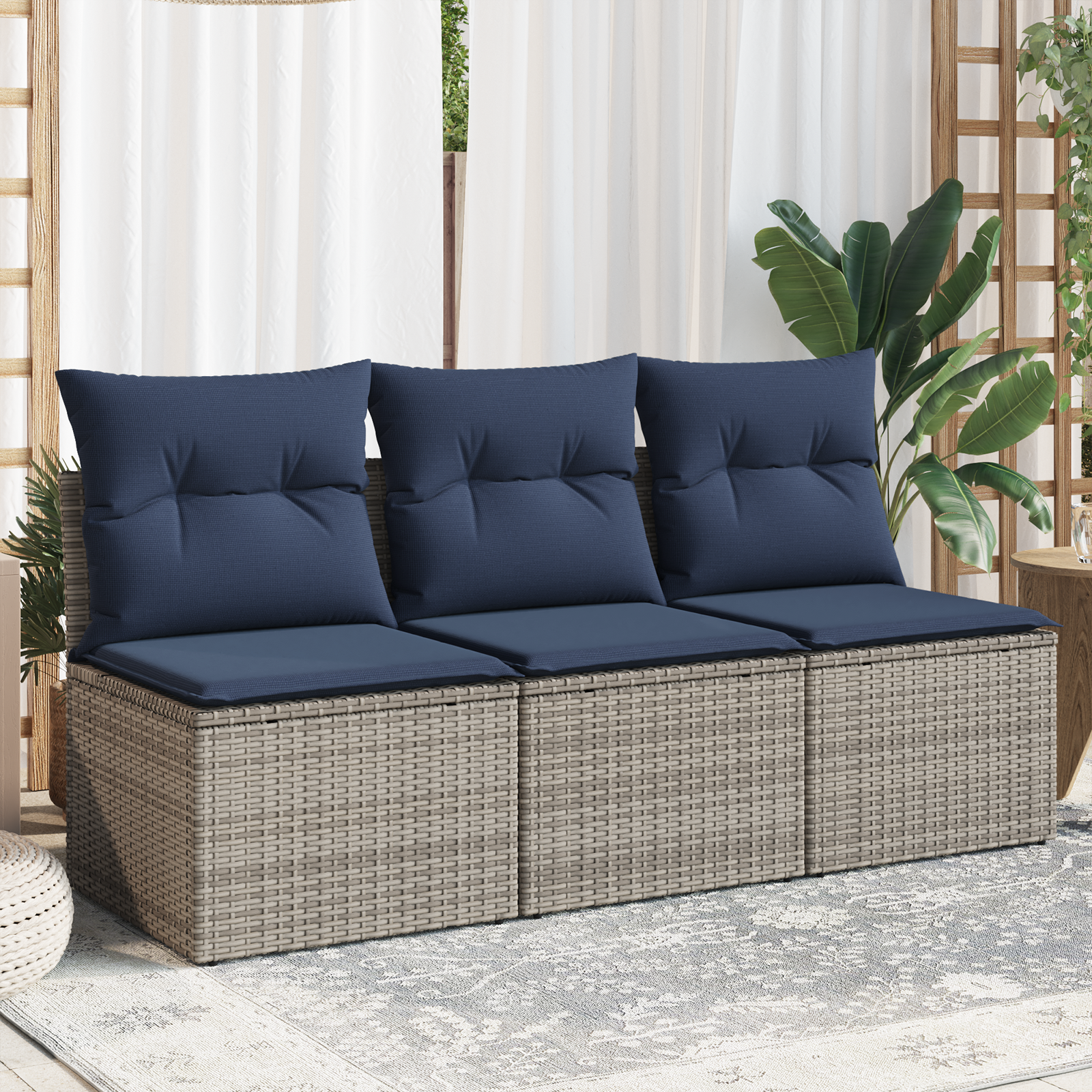 Garden Sofa Dark Blue Rattan, Polyester Large - Image 3