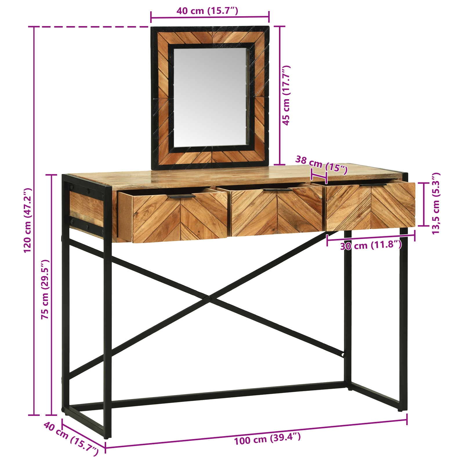 Toaletna mizica Rjava 100 x 40 x 120 cm Masiven les akacije - slika 13