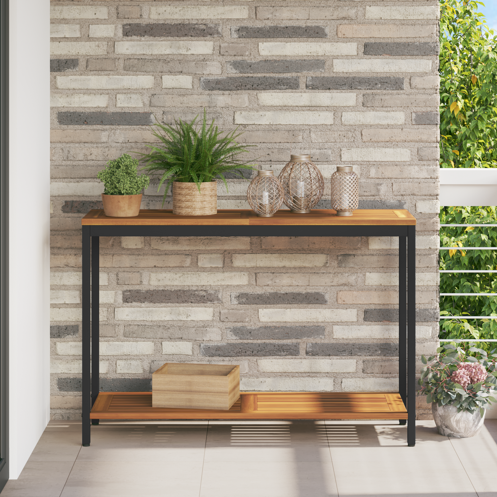 Buitentafel Natuurlijk & Zwart 35x110x75 cm Massief Hout en Staal