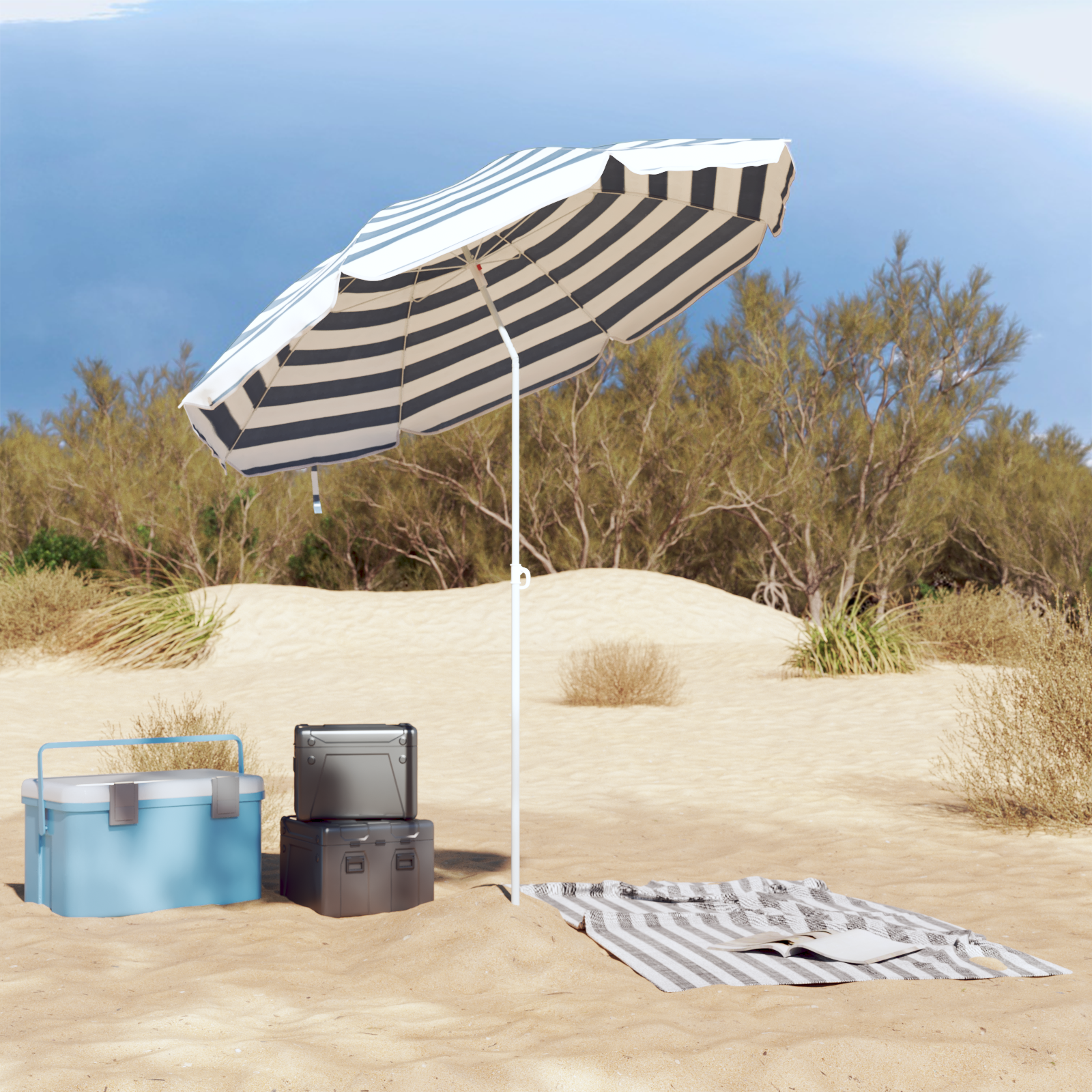 Beach Parasol with Metal Pole Blue & White 161x193 cm Polyester - Image 3