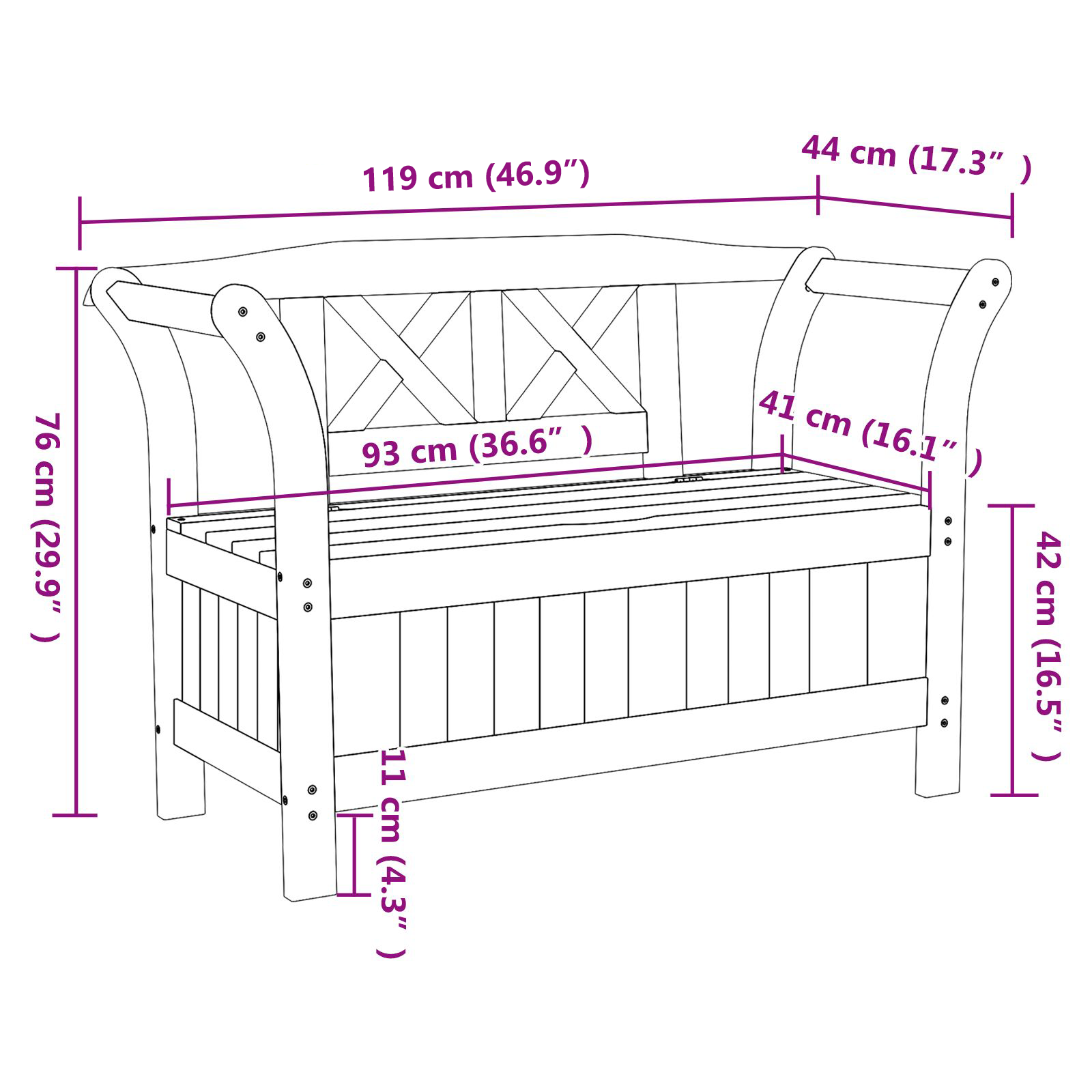 Garden Storage Bench Acacia 119x76x44 cm Solid Wood Pine - Image 10
