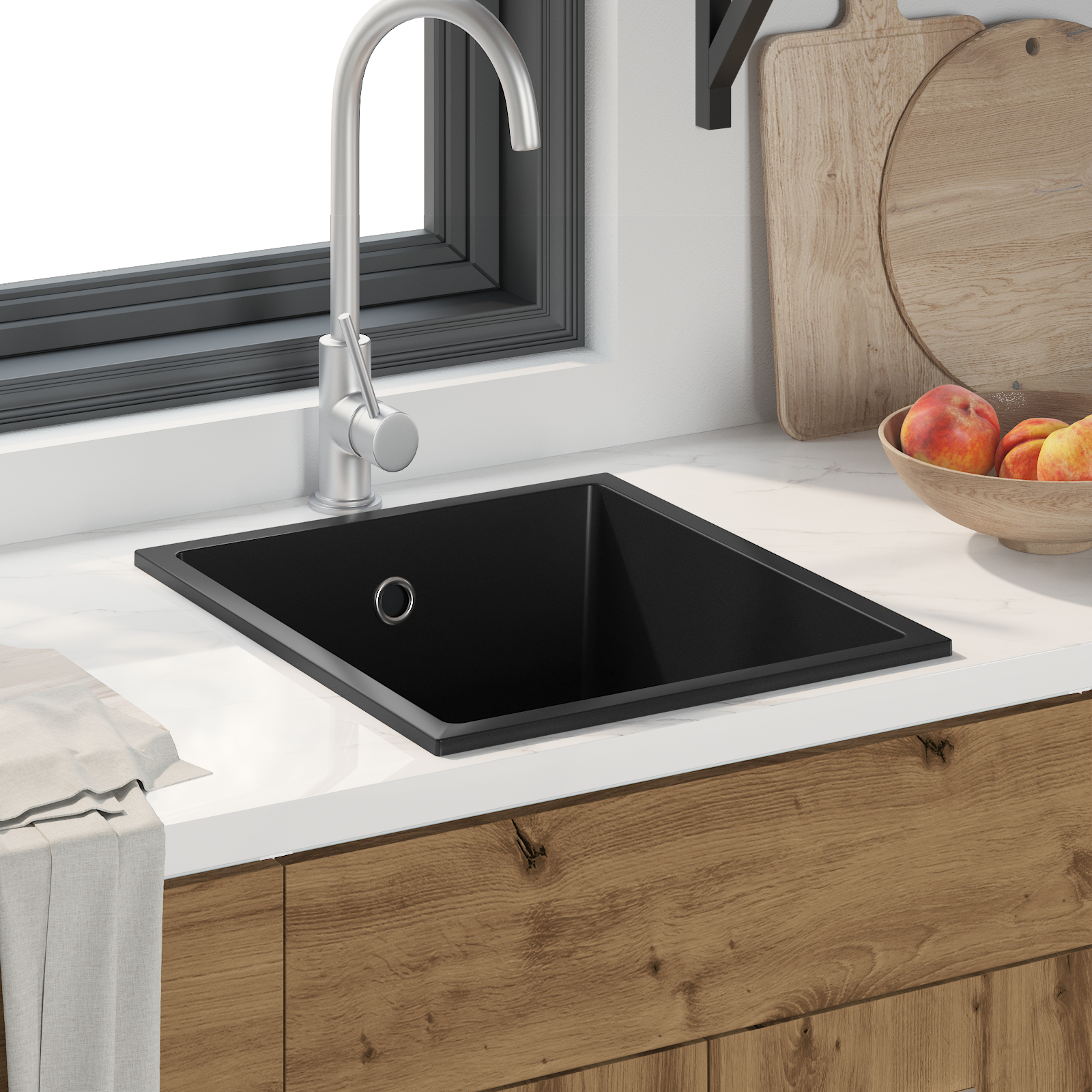 Kitchen Sink with Overflow Hole in Black Granite