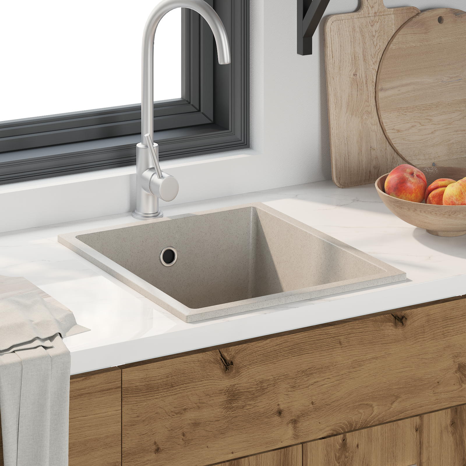 Kitchen Sink with Overflow Hole Beige Granite