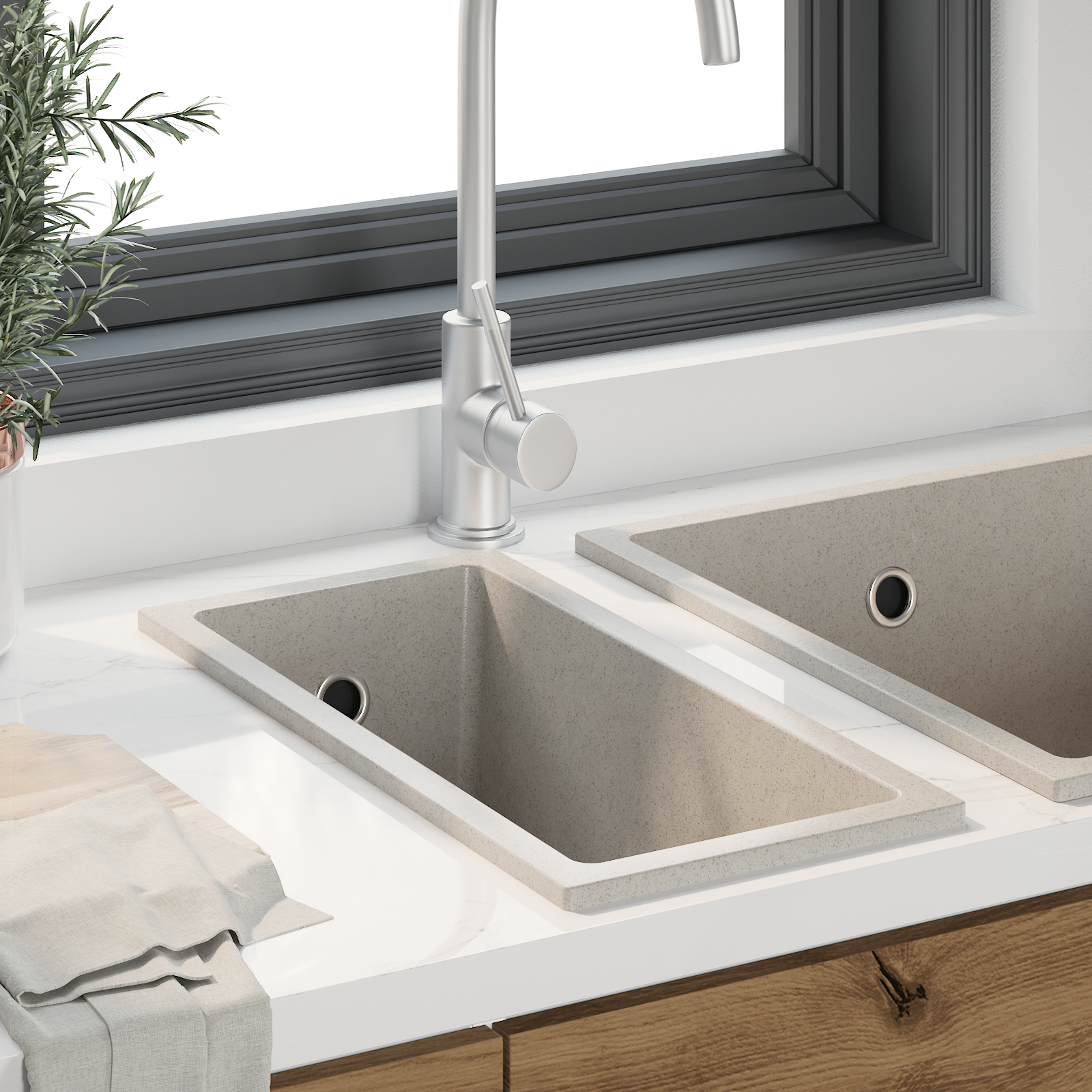 Kitchen Sink with Overflow Hole Beige Granite - Image 3