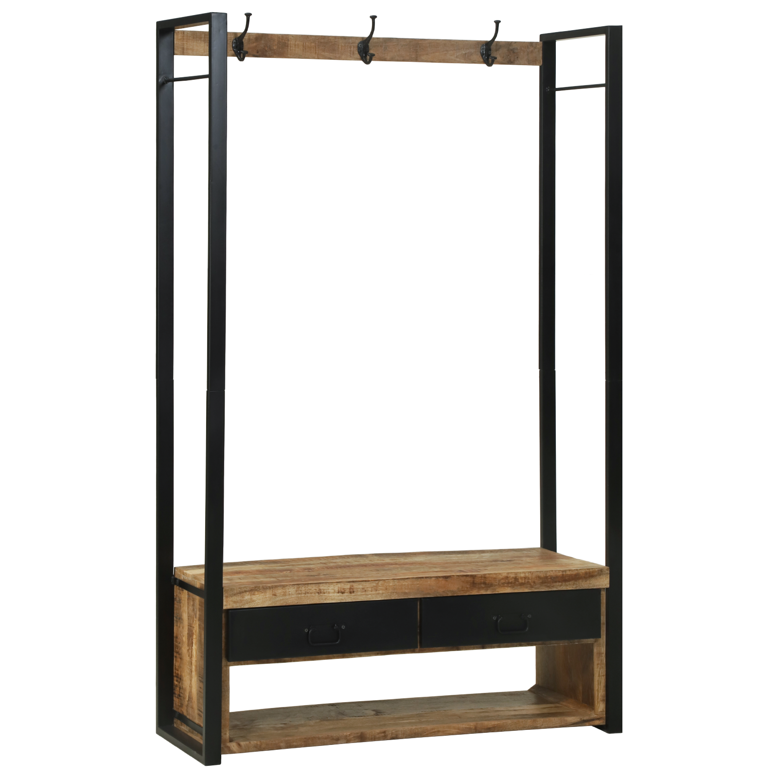 Kledingrek met Haken en Planken 110x40x185 cm Massief Ruw Hout Mango