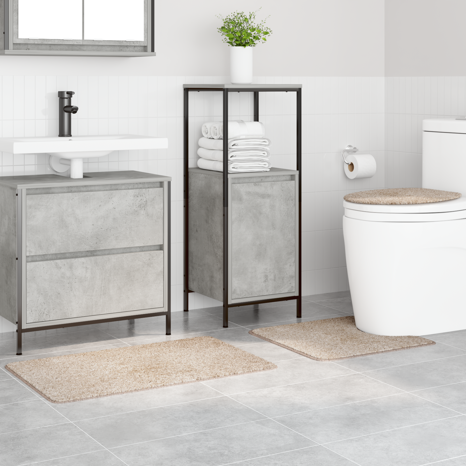 3 Piece Bath Mat Set Cream Polypropylen Non-Slip - Image 3