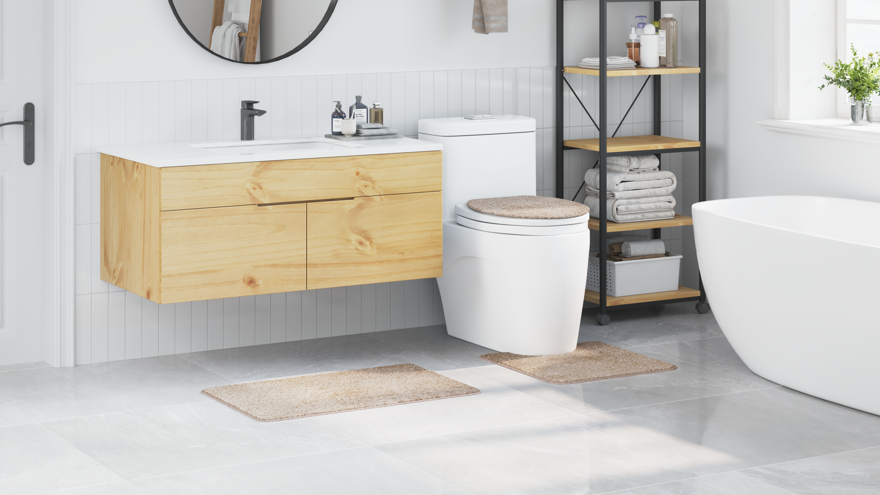 3 Piece Bath Mat Set Cream Polypropylen Non-Slip - Image 4