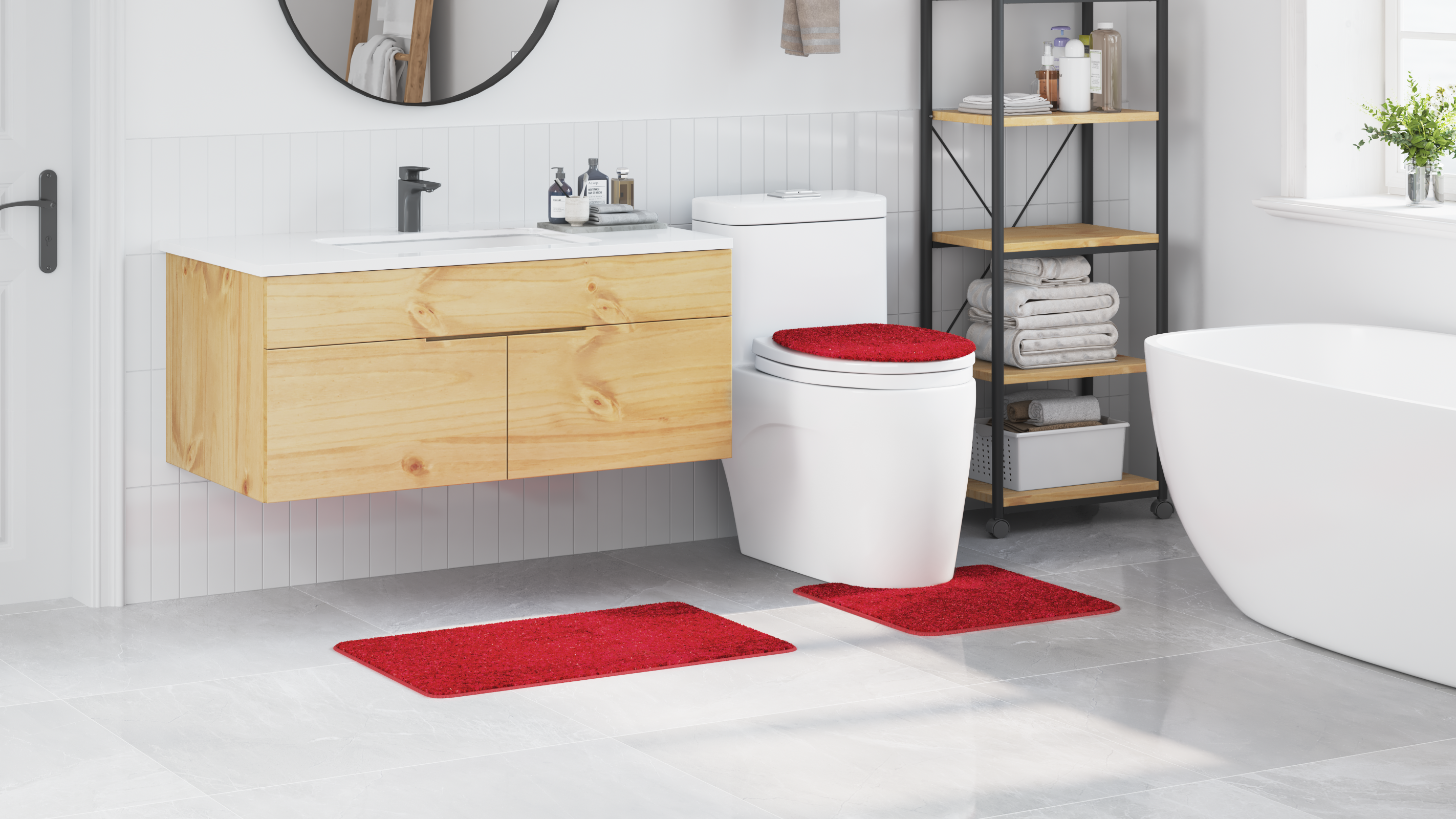 3 Piece Bath Mat Set Red Polypropylen Non-Slip - Image 4