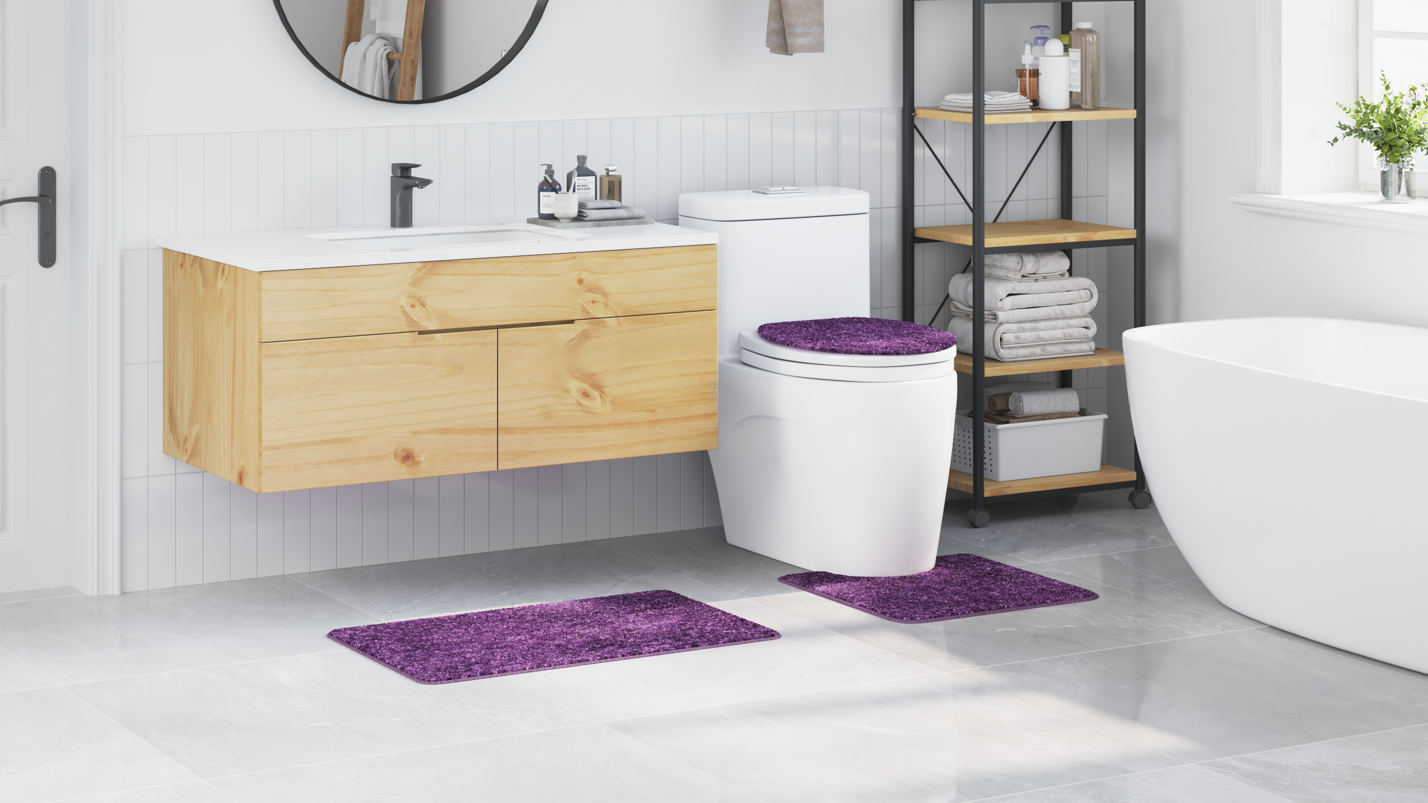 3 Piece Bath Mat Set Purple Polypropylen Non-Slip - Image 4