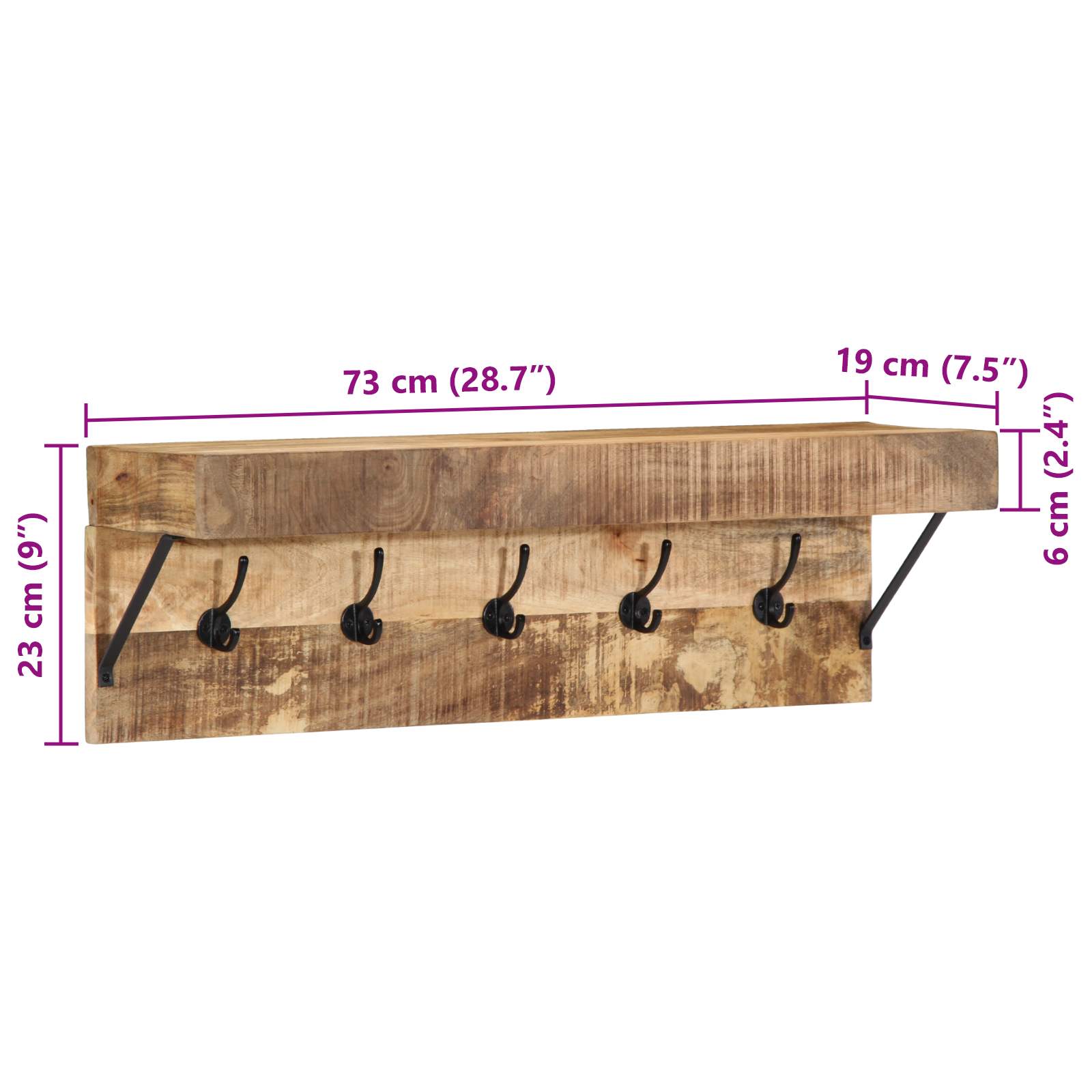 Coat Rack with Shelf Wall Mounted Solid Mango Wood and Metal - Image 11