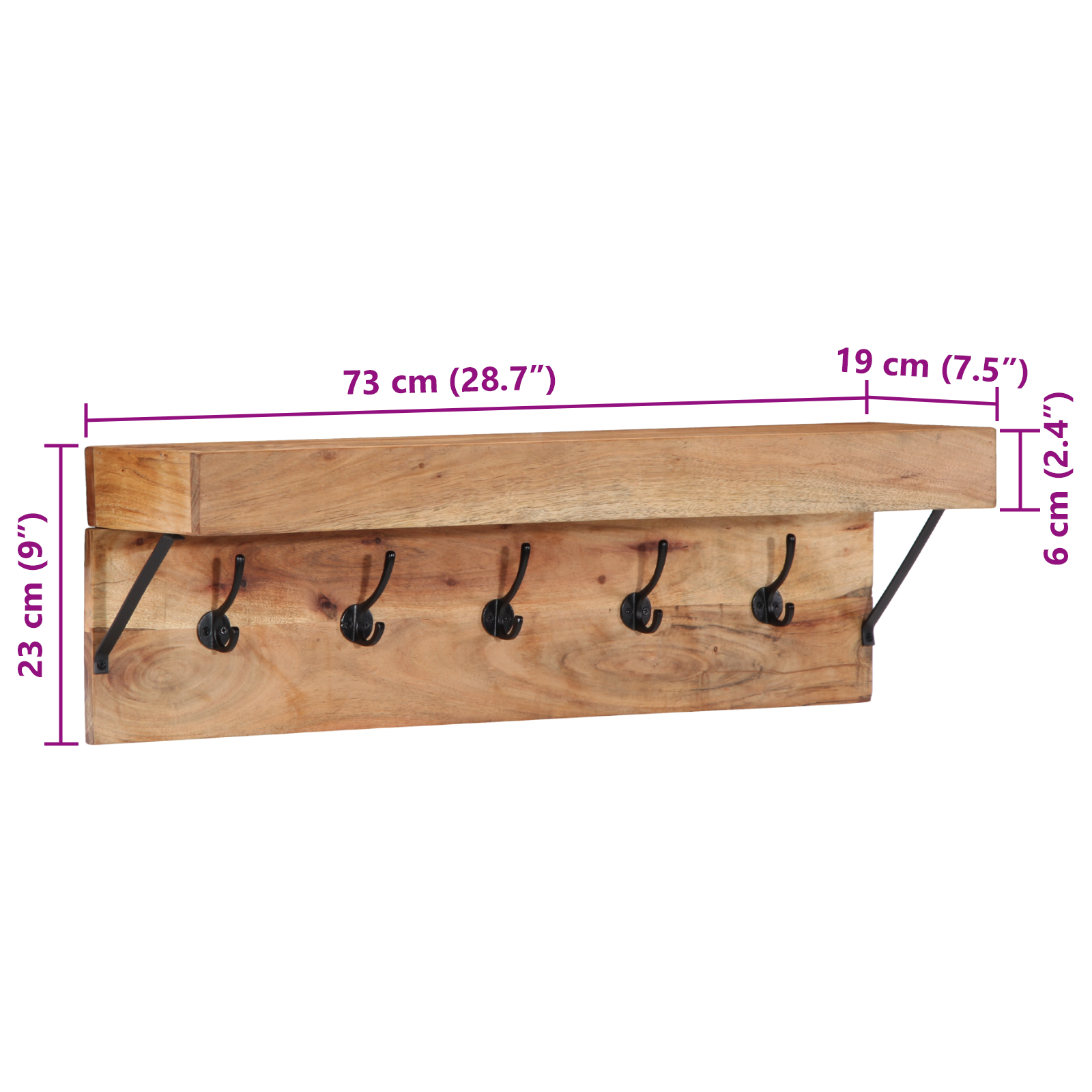 Coat Rack with Shelf Wall Mounted Solid Acacia Wood and Metal - Image 11