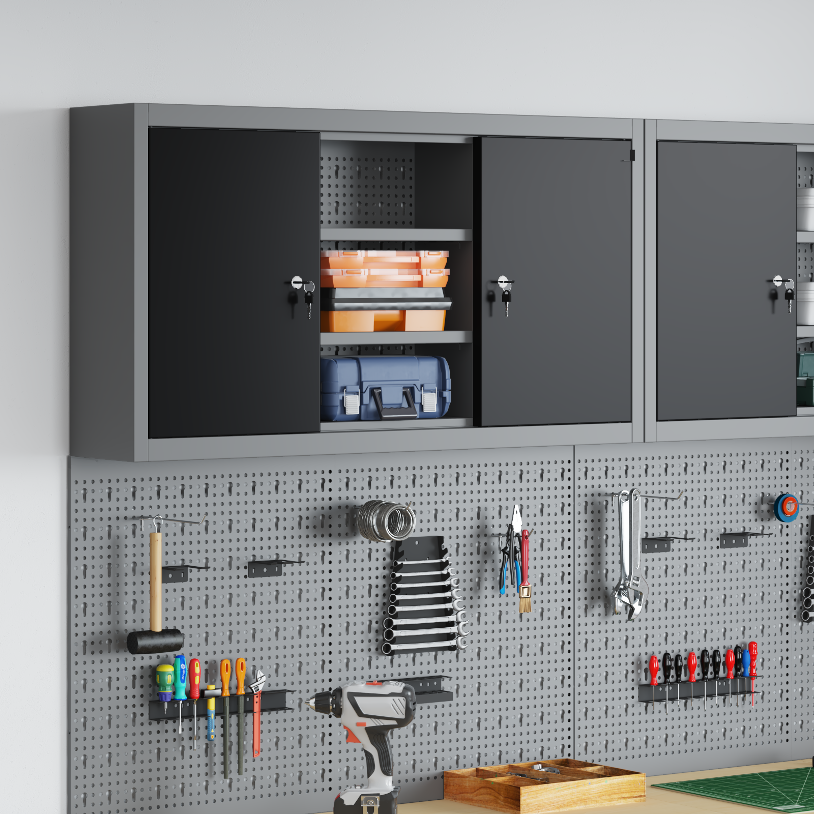 Tool Cabinet Wall-Mounted with Pegboard Black 100x20x55 cm Steel