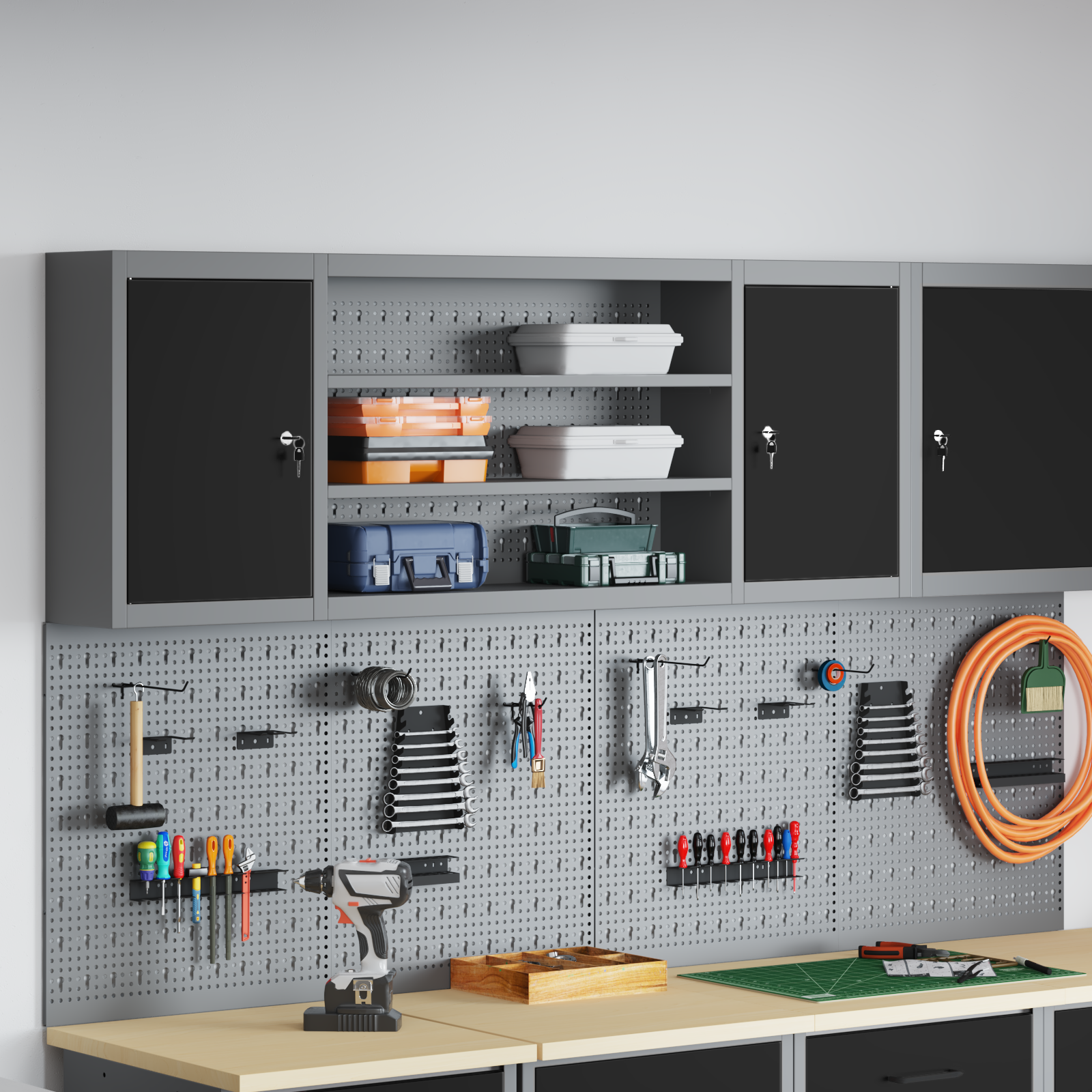 Tool Cabinet Wall-Mounted with Pegboard Black 150x20x55 cm Steel