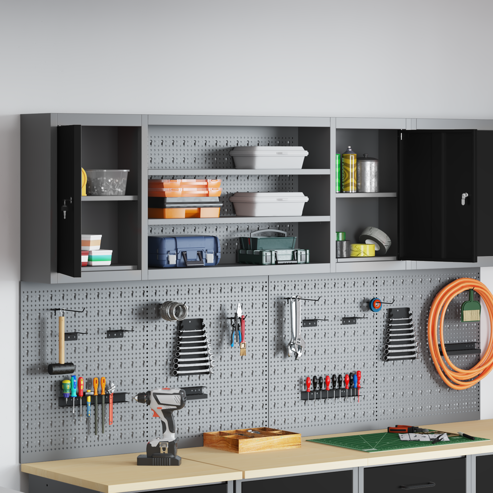 Tool Cabinet Wall-Mounted with Pegboard Black 150x20x55 cm Steel - Image 4