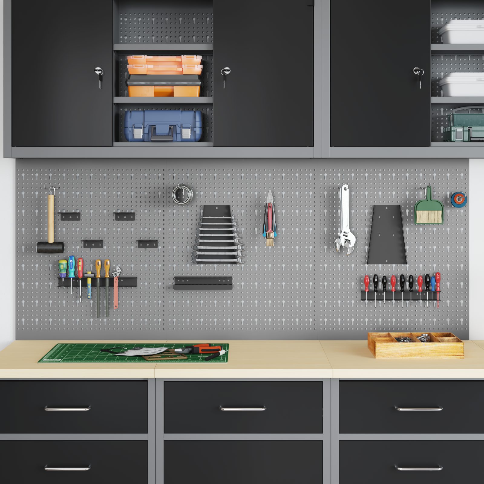 Pegboards - 3 Pack with 15 Accessories, Gray, 50x60 cm, Steel